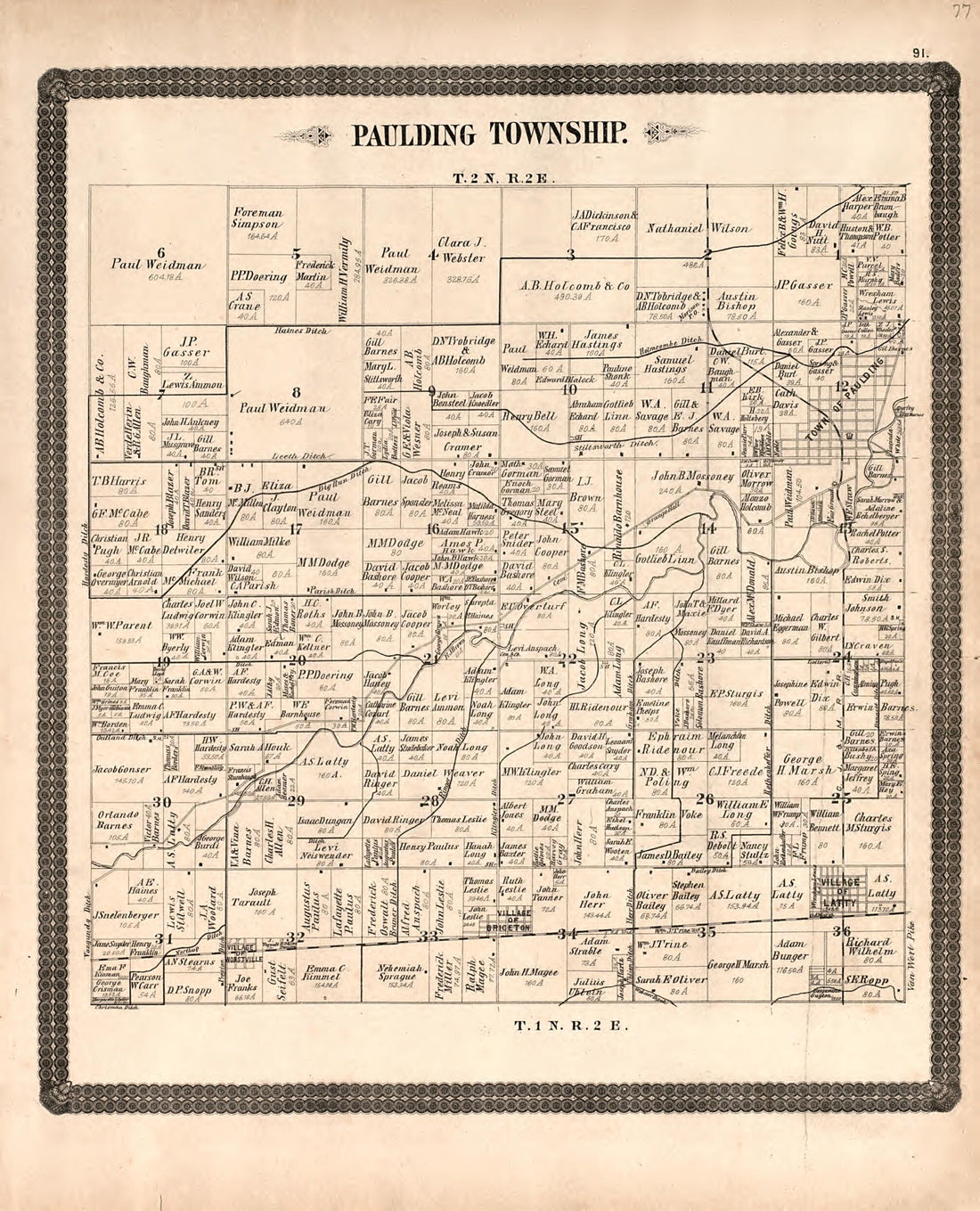 This old map of Paulding Township from Historical Atlas of Paulding County, Ohio, Illustrated from 1892 was created by O. (Oliver) Morrow in 1892