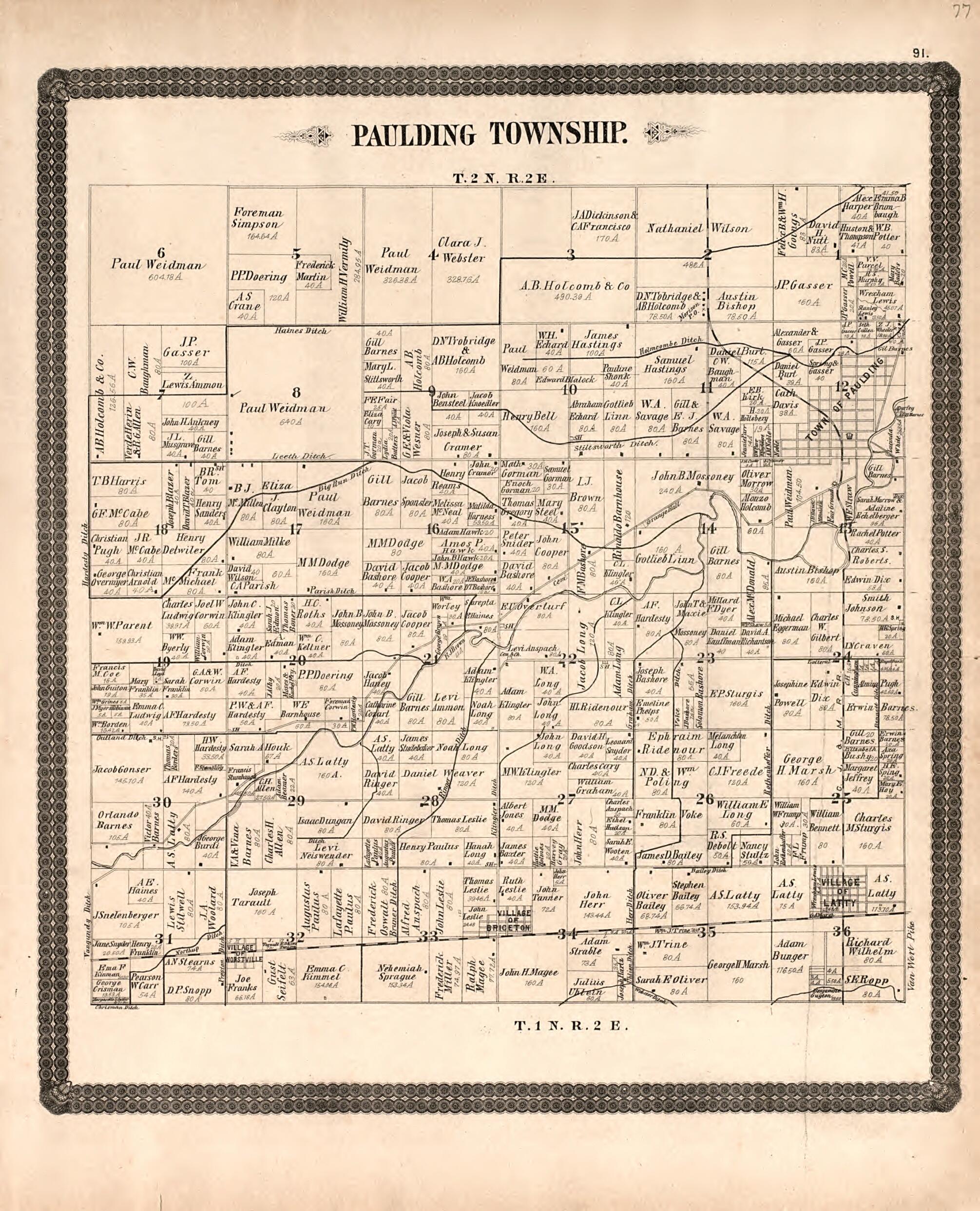 This old map of Paulding Township from Historical Atlas of Paulding County, Ohio, Illustrated from 1892 was created by O. (Oliver) Morrow in 1892