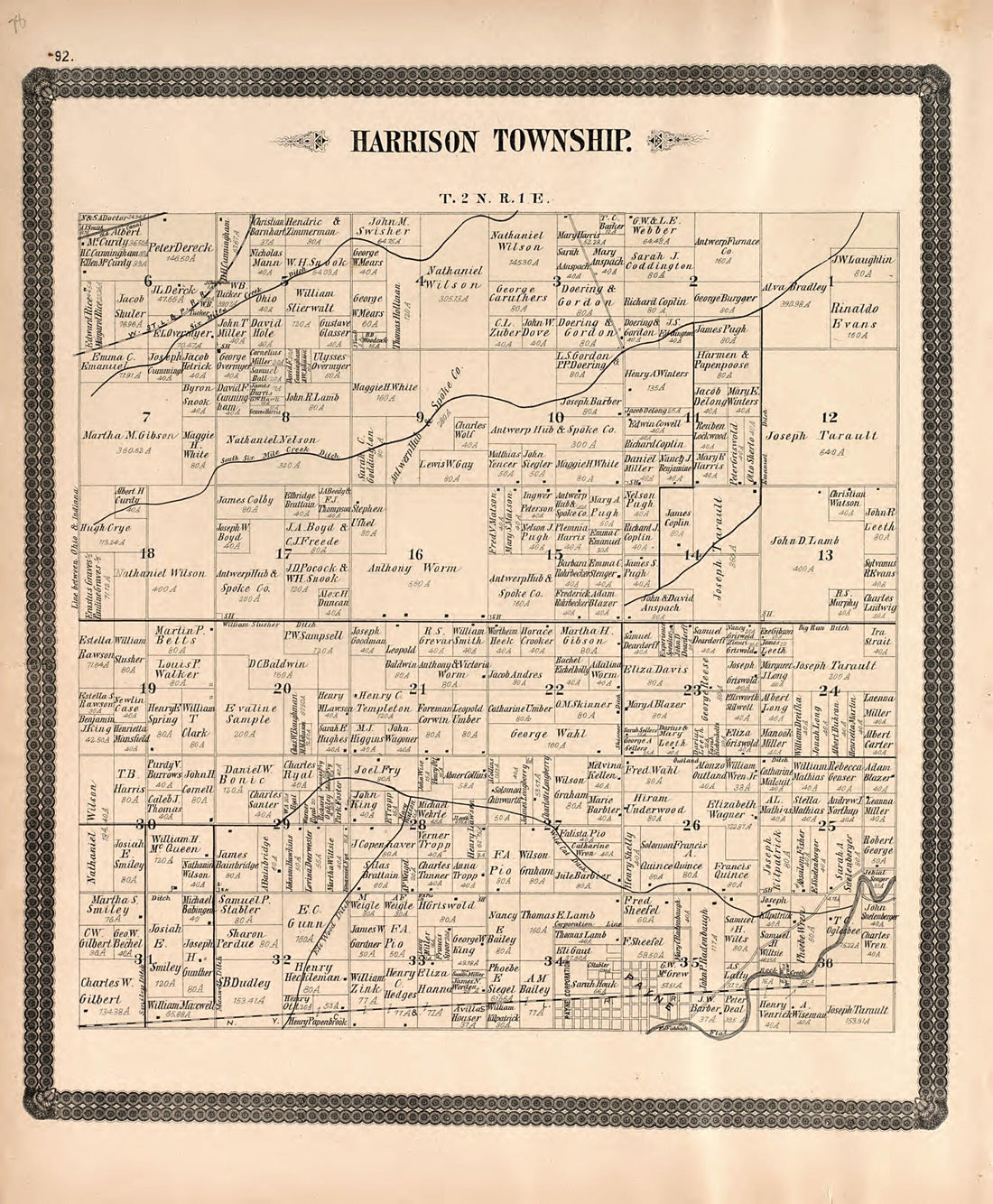 This old map of Harrison Township from Historical Atlas of Paulding County, Ohio, Illustrated from 1892 was created by O. (Oliver) Morrow in 1892