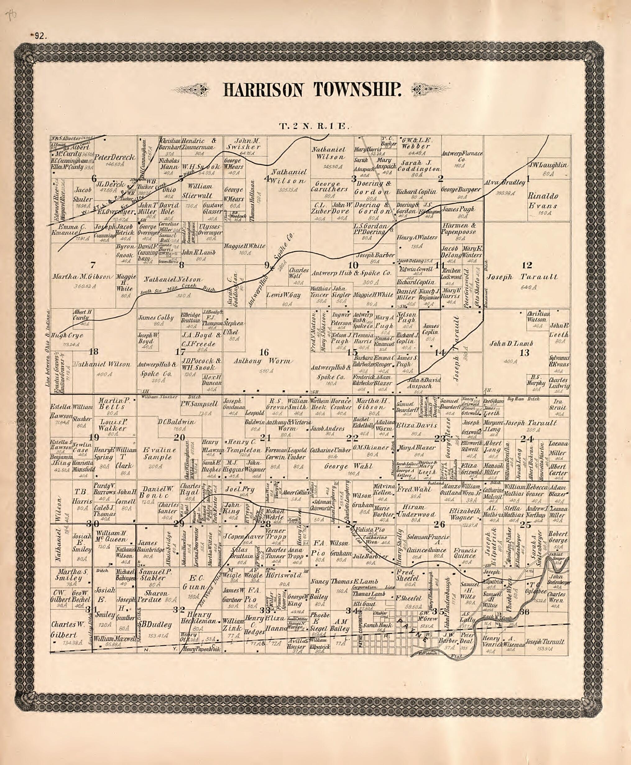 This old map of Harrison Township from Historical Atlas of Paulding County, Ohio, Illustrated from 1892 was created by O. (Oliver) Morrow in 1892