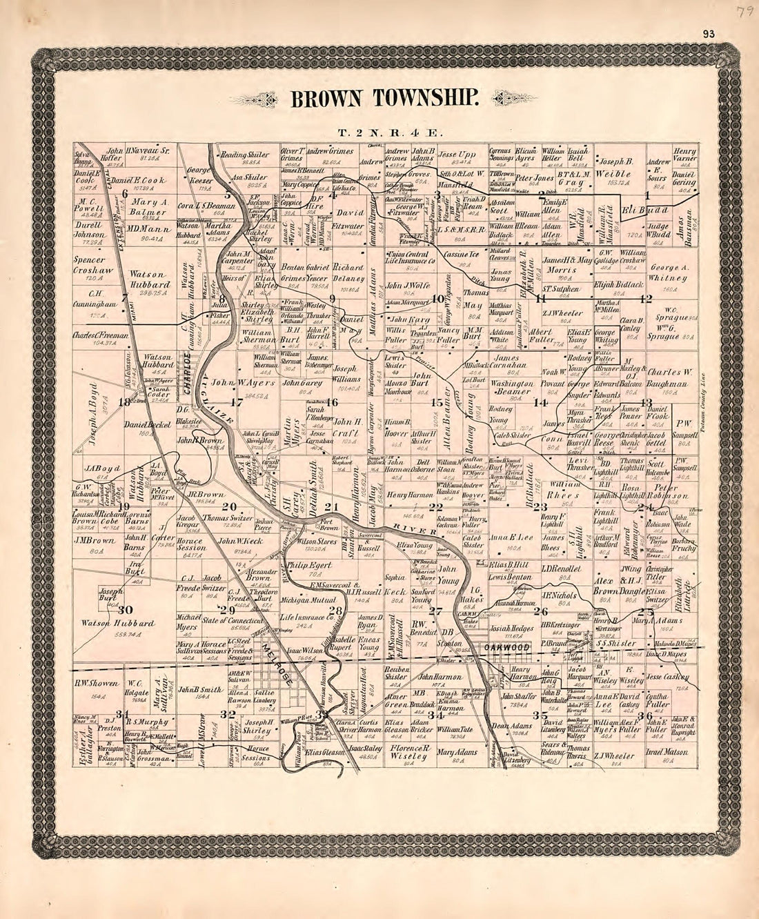 This old map of Brown Township from Historical Atlas of Paulding County, Ohio, Illustrated from 1892 was created by O. (Oliver) Morrow in 1892