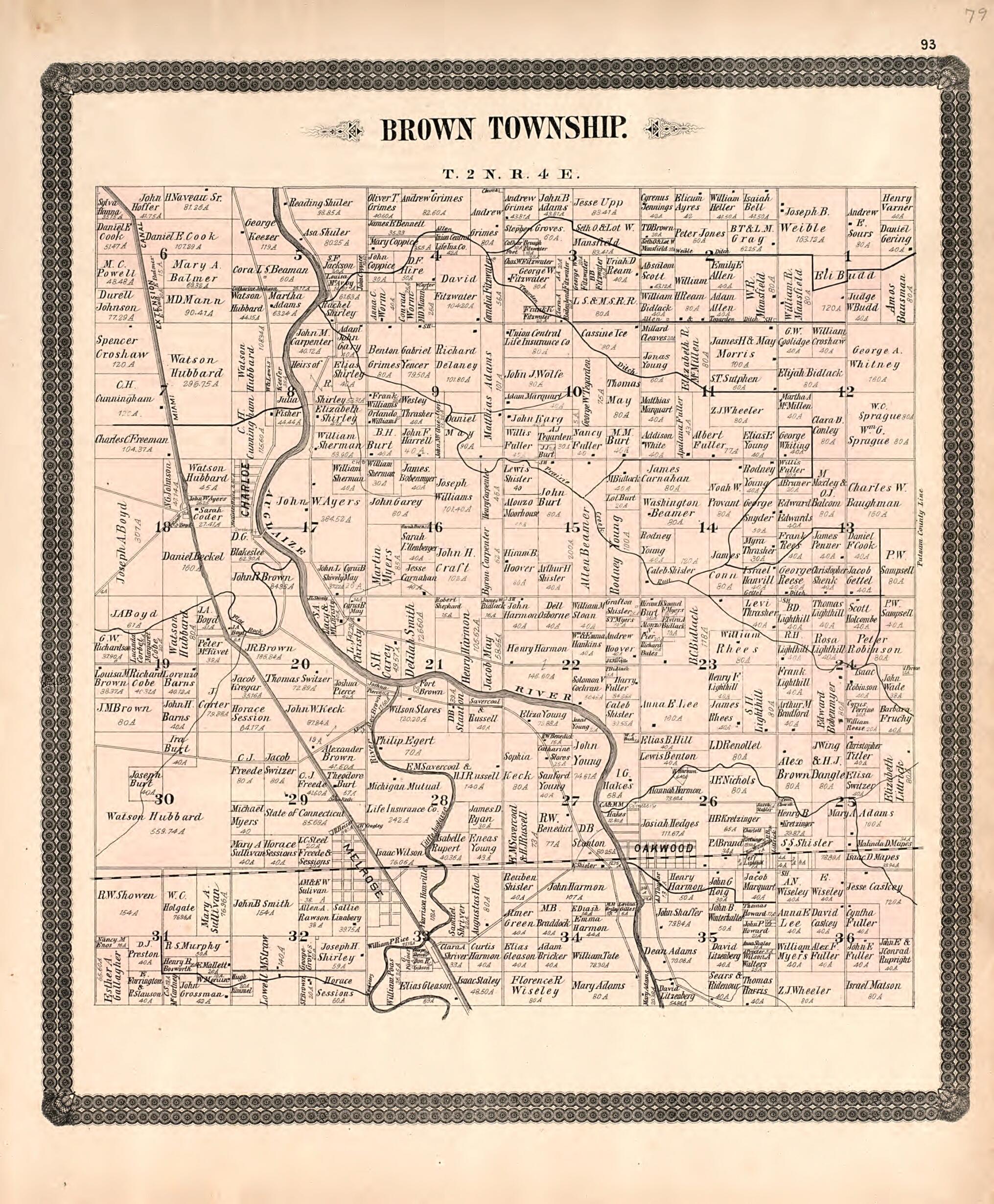 This old map of Brown Township from Historical Atlas of Paulding County, Ohio, Illustrated from 1892 was created by O. (Oliver) Morrow in 1892