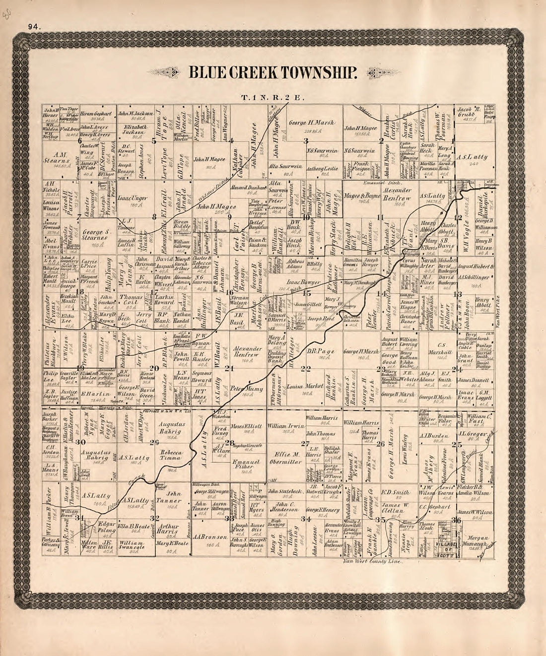 This old map of Blue Creek Township from Historical Atlas of Paulding County, Ohio, Illustrated from 1892 was created by O. (Oliver) Morrow in 1892