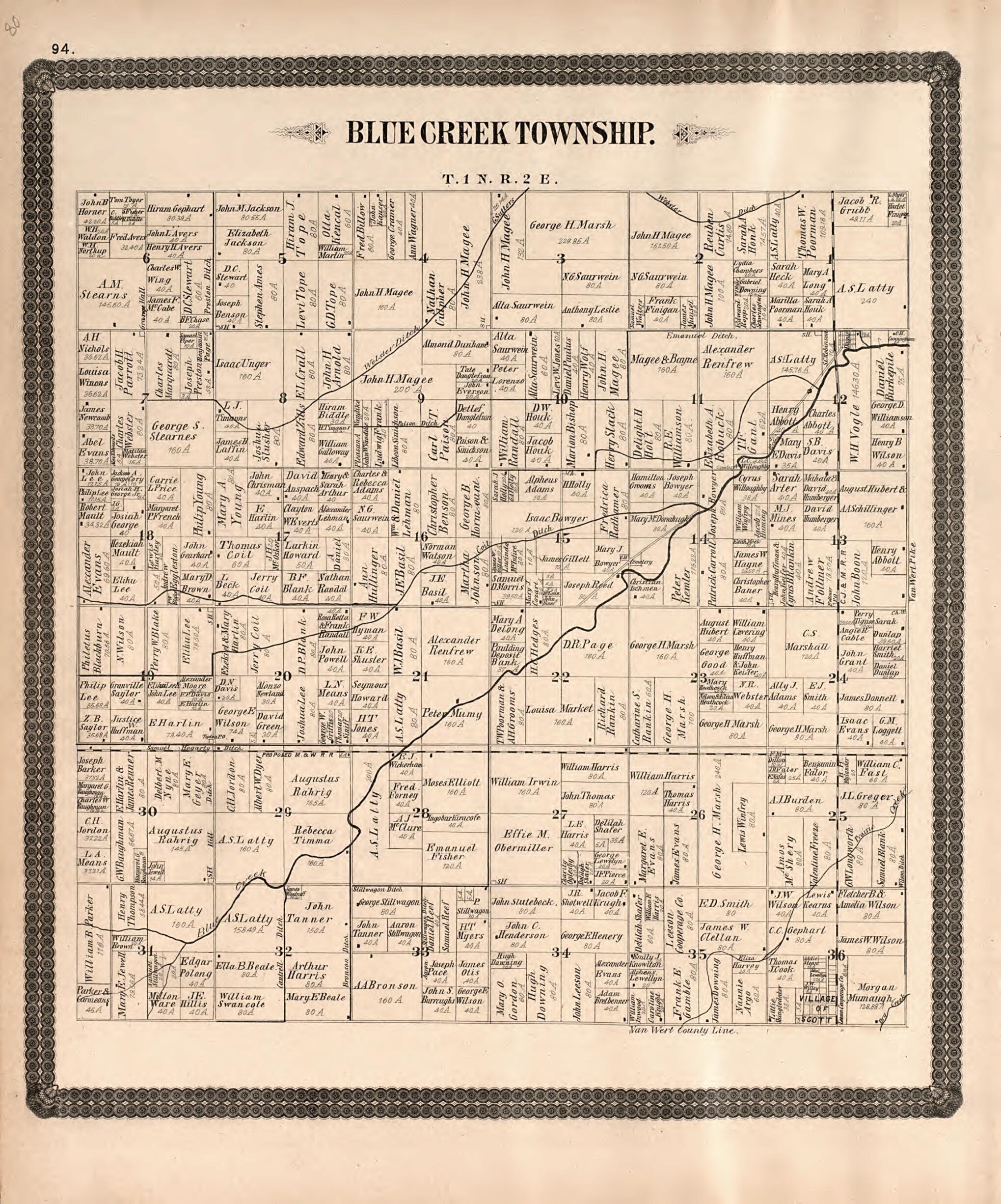 This old map of Blue Creek Township from Historical Atlas of Paulding County, Ohio, Illustrated from 1892 was created by O. (Oliver) Morrow in 1892