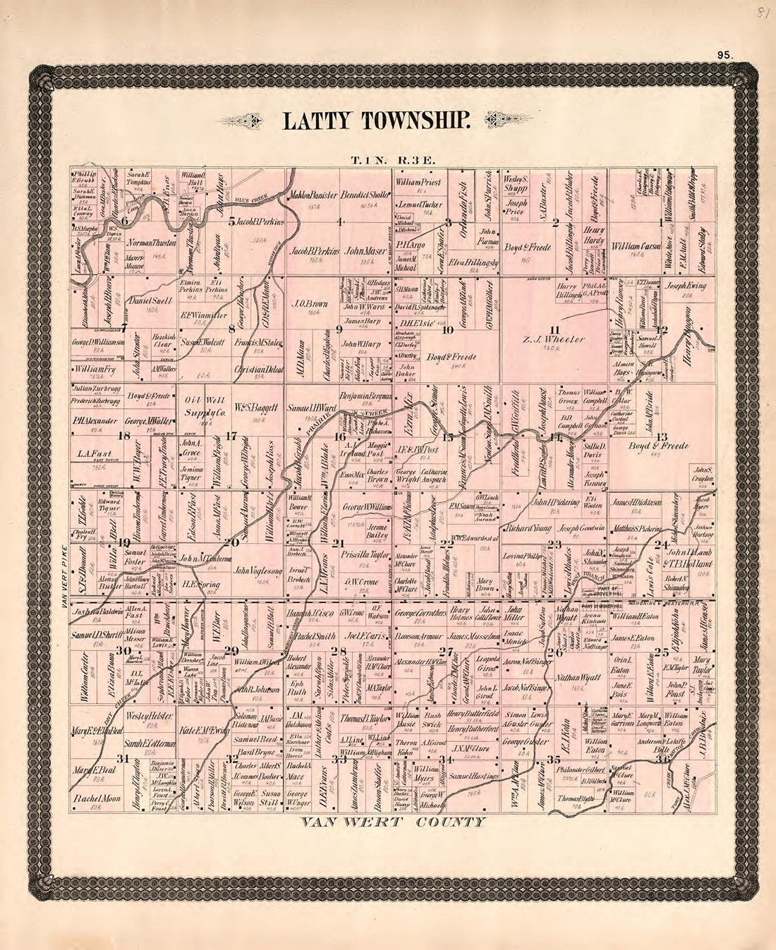 This old map of Latty Township from Historical Atlas of Paulding County, Ohio, Illustrated from 1892 was created by O. (Oliver) Morrow in 1892