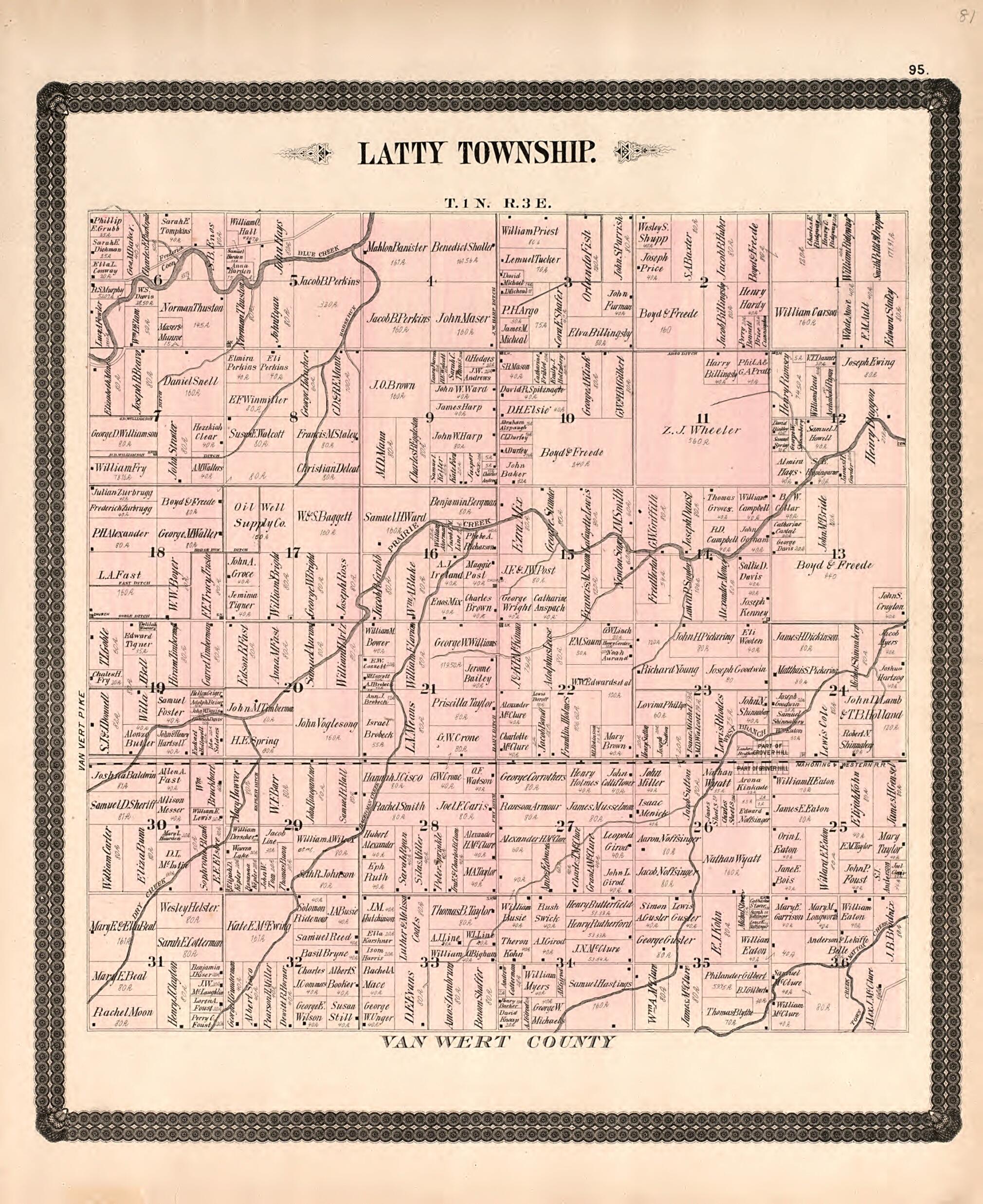 This old map of Latty Township from Historical Atlas of Paulding County, Ohio, Illustrated from 1892 was created by O. (Oliver) Morrow in 1892