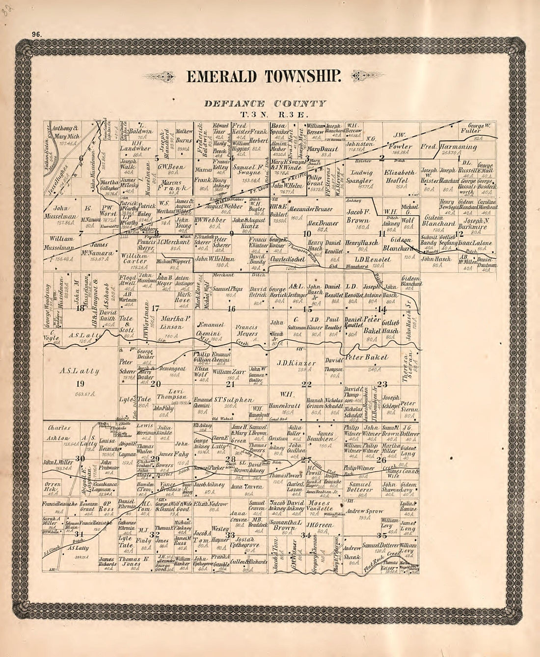 This old map of Emerald Township from Historical Atlas of Paulding County, Ohio, Illustrated from 1892 was created by O. (Oliver) Morrow in 1892