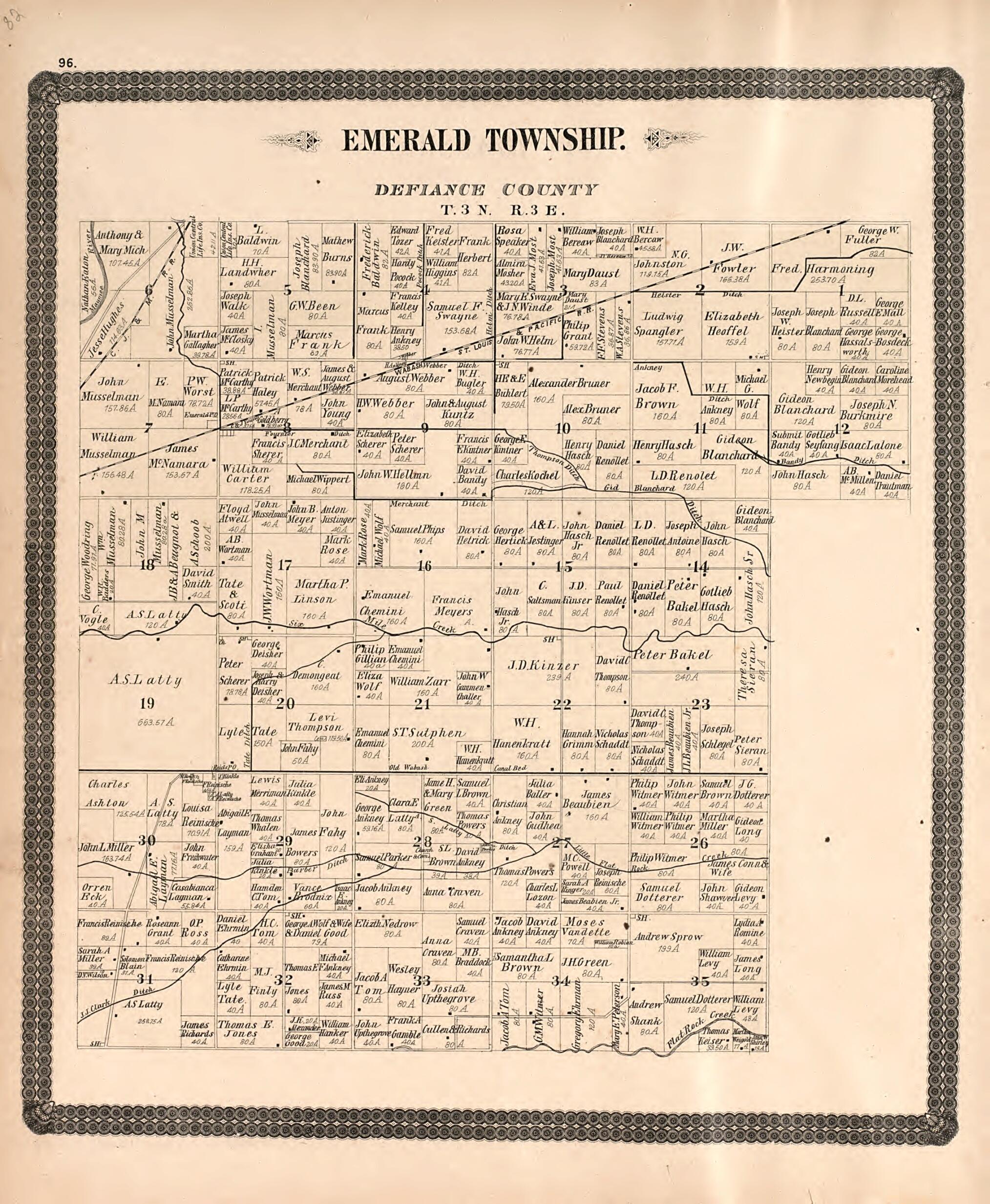 This old map of Emerald Township from Historical Atlas of Paulding County, Ohio, Illustrated from 1892 was created by O. (Oliver) Morrow in 1892