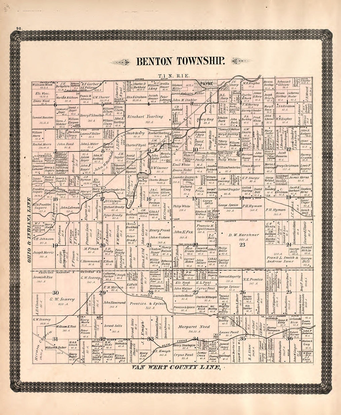 This old map of Benton Township from Historical Atlas of Paulding County, Ohio, Illustrated from 1892 was created by O. (Oliver) Morrow in 1892
