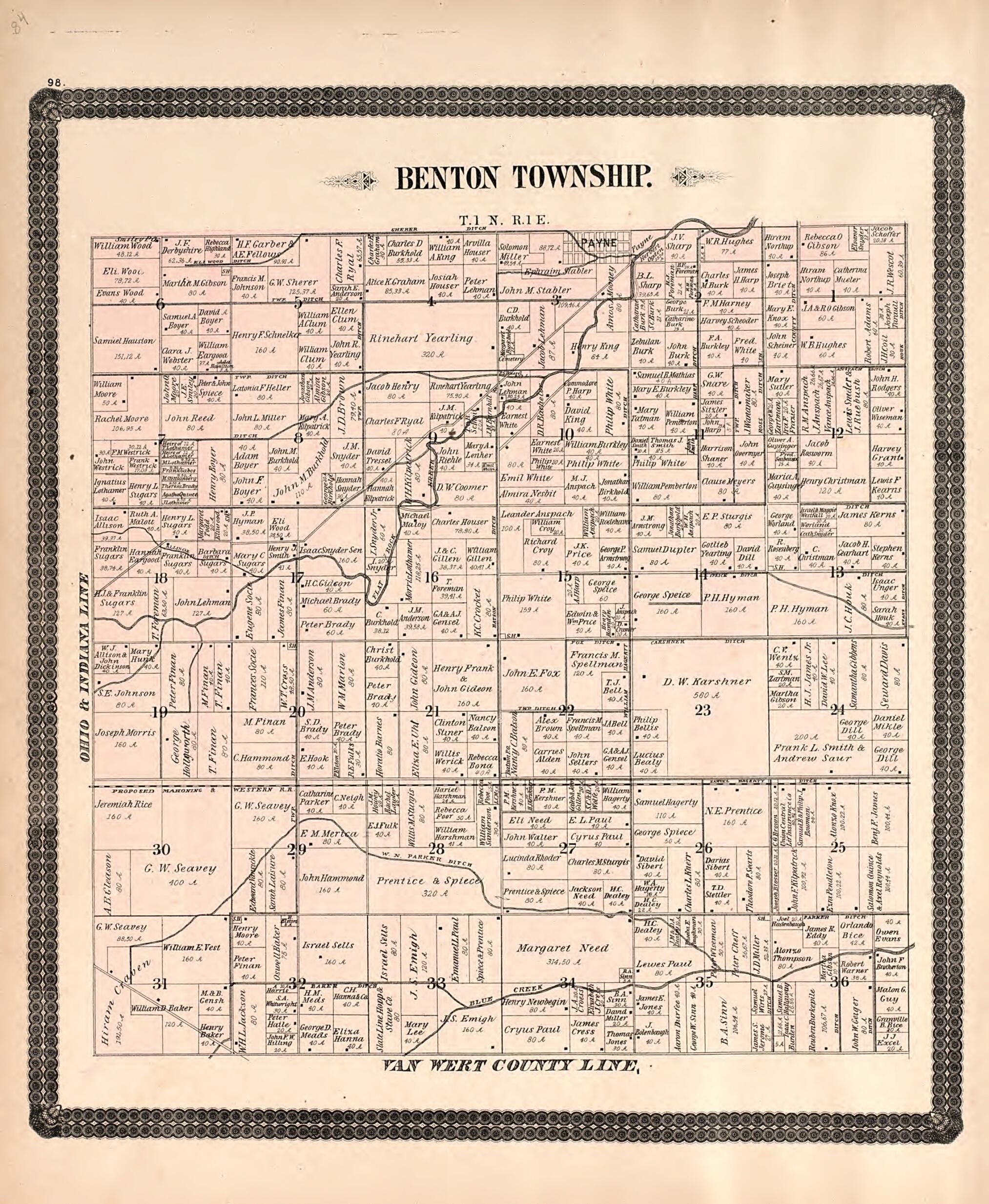 This old map of Benton Township from Historical Atlas of Paulding County, Ohio, Illustrated from 1892 was created by O. (Oliver) Morrow in 1892