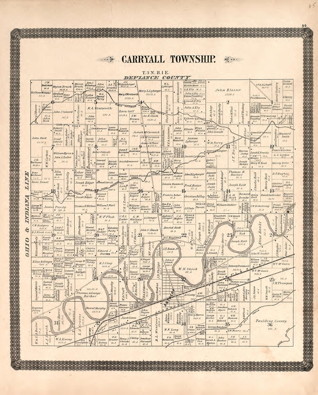 This old map of Carryall Township from Historical Atlas of Paulding County, Ohio, Illustrated from 1892 was created by O. (Oliver) Morrow in 1892