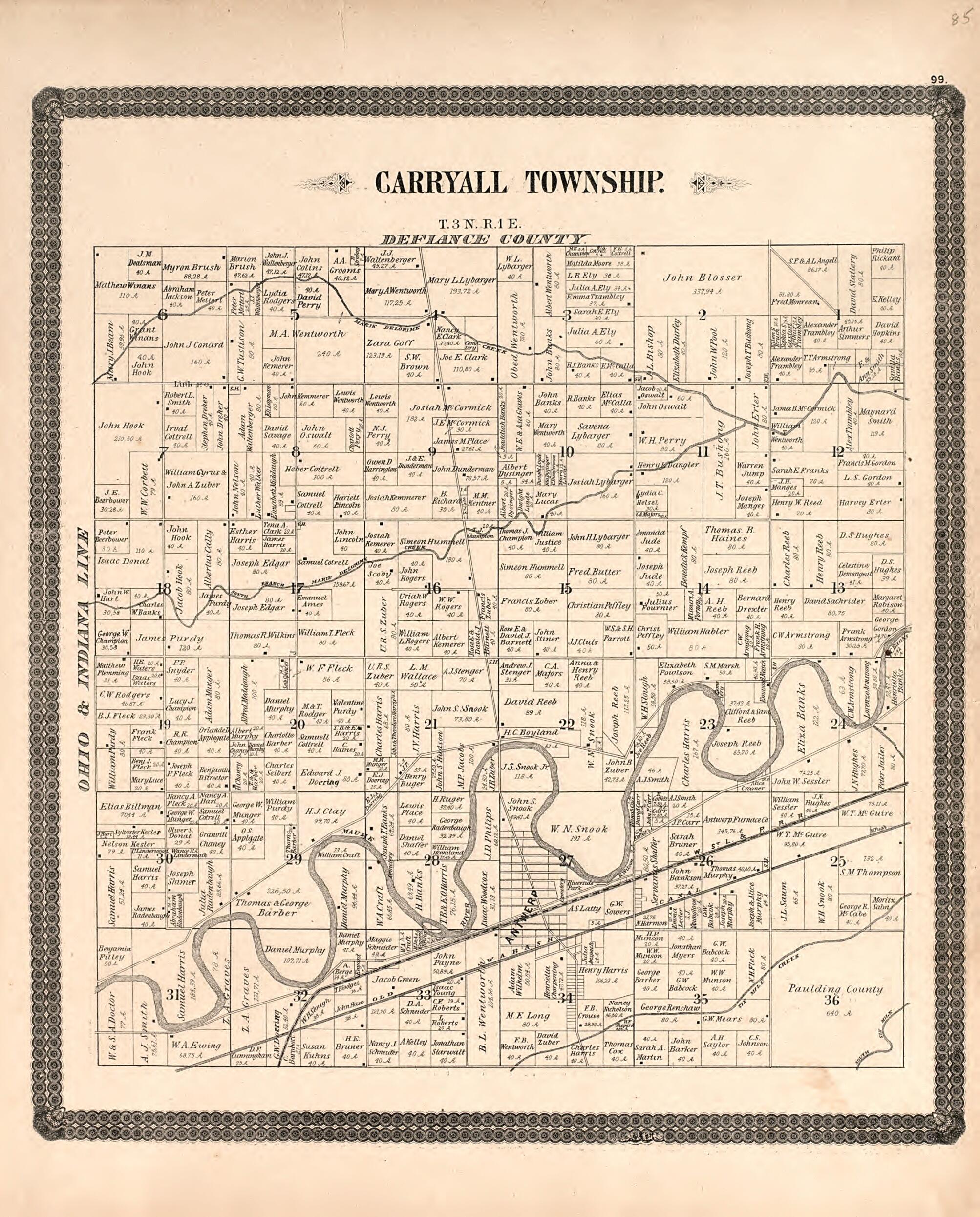 This old map of Carryall Township from Historical Atlas of Paulding County, Ohio, Illustrated from 1892 was created by O. (Oliver) Morrow in 1892