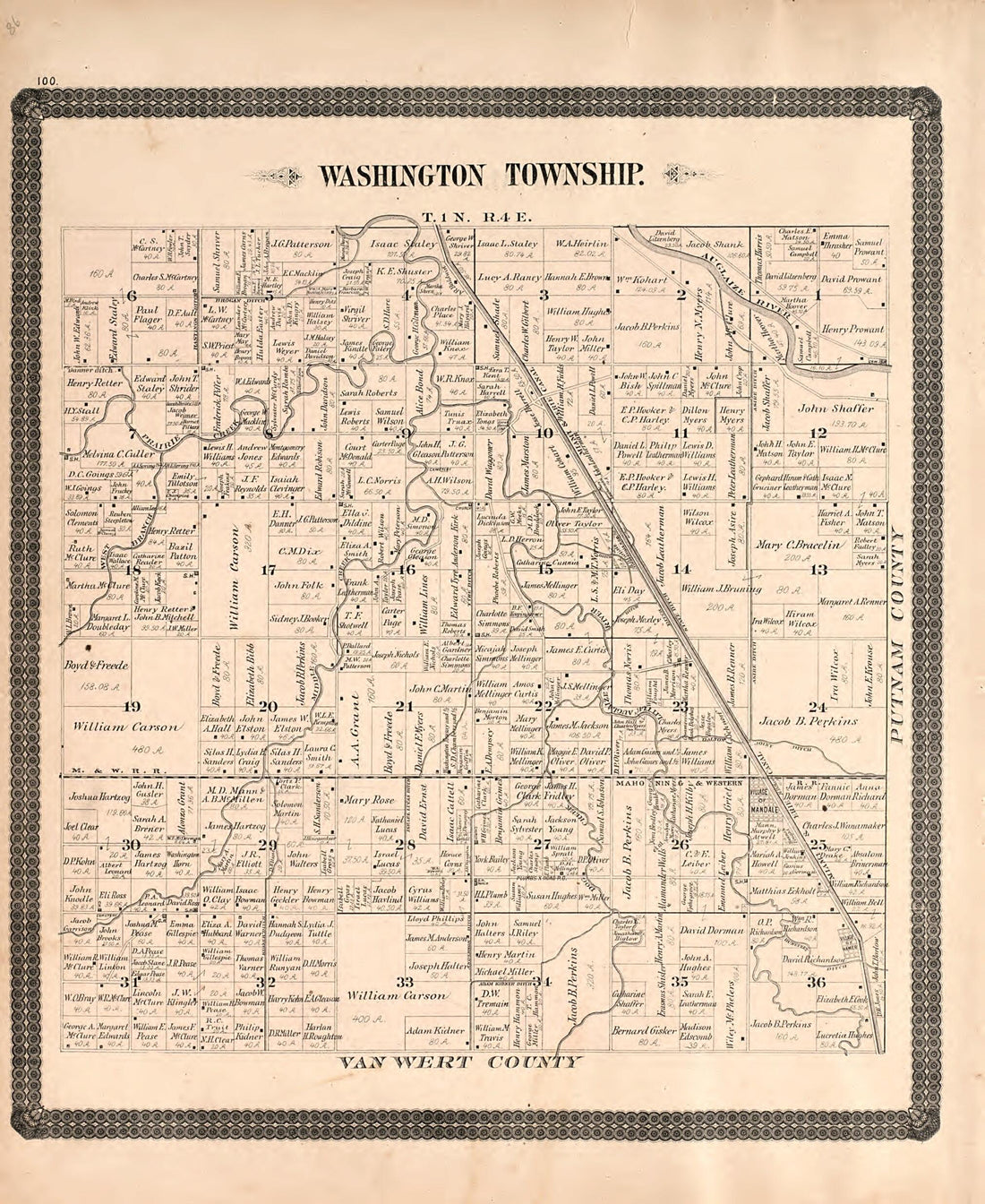 This old map of Washington Township from Historical Atlas of Paulding County, Ohio, Illustrated from 1892 was created by O. (Oliver) Morrow in 1892