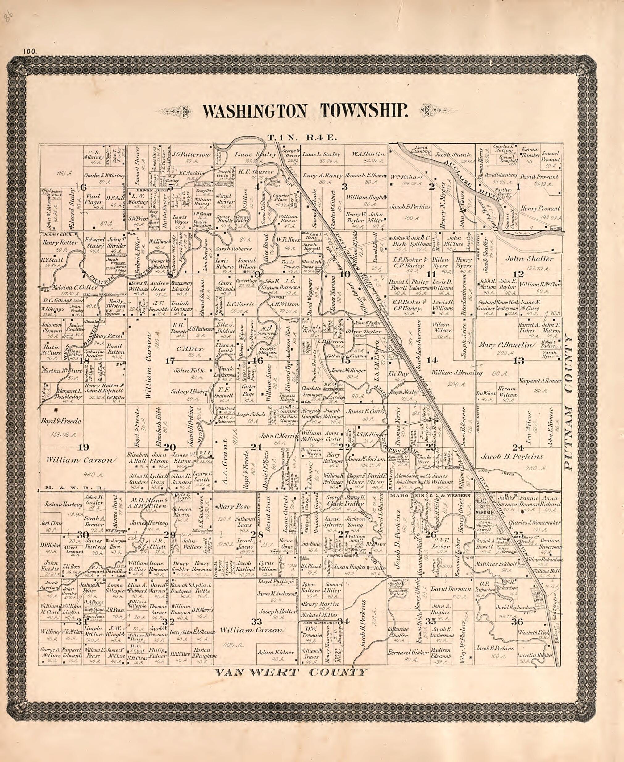 This old map of Washington Township from Historical Atlas of Paulding County, Ohio, Illustrated from 1892 was created by O. (Oliver) Morrow in 1892