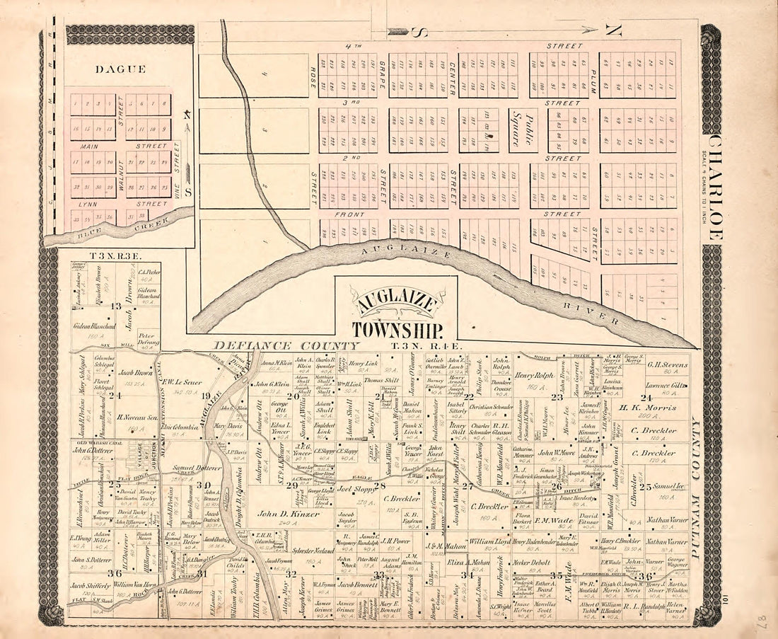 This old map of Auglaze Township from Historical Atlas of Paulding County, Ohio, Illustrated from 1892 was created by O. (Oliver) Morrow in 1892