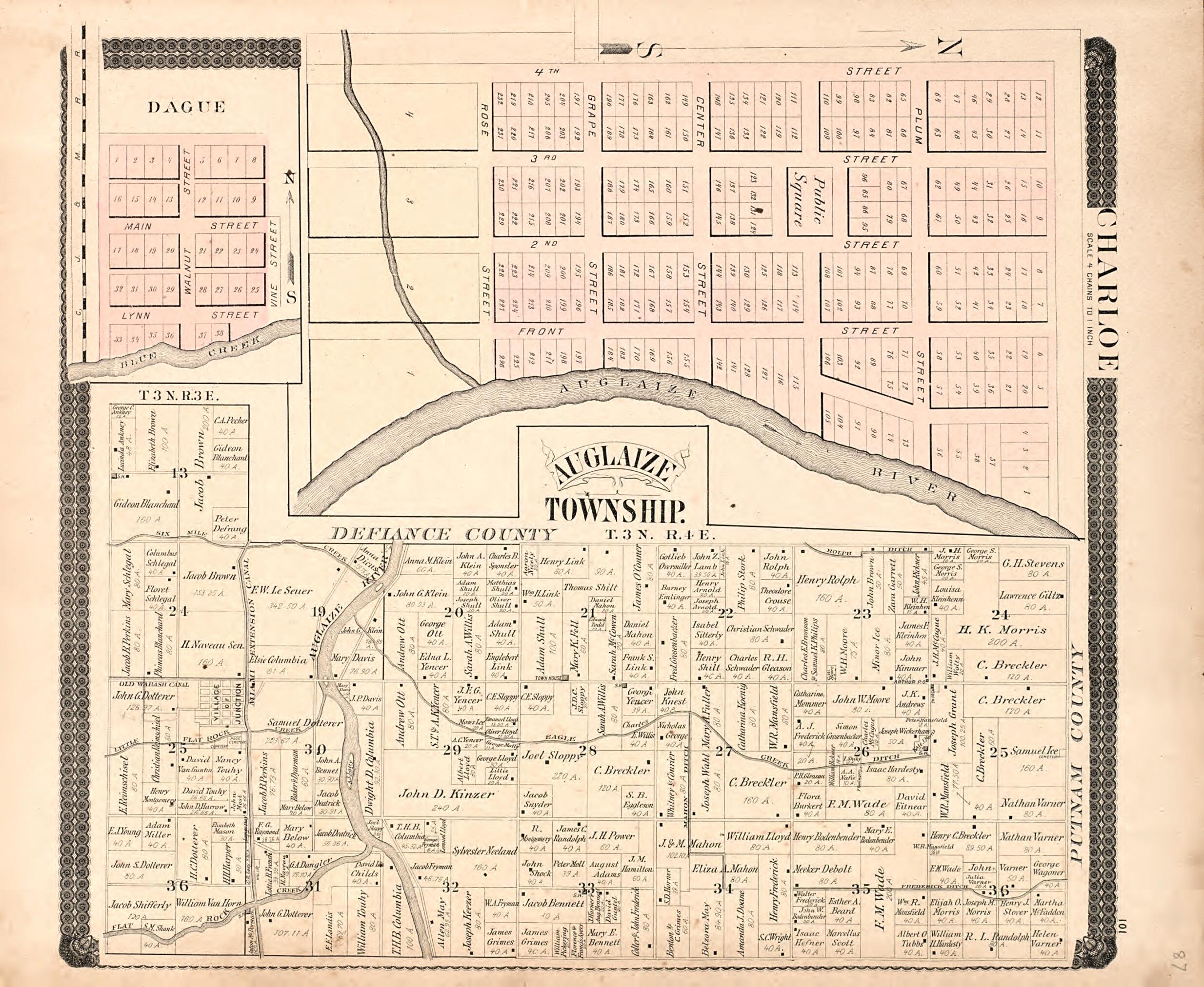 This old map of Auglaze Township from Historical Atlas of Paulding County, Ohio, Illustrated from 1892 was created by O. (Oliver) Morrow in 1892