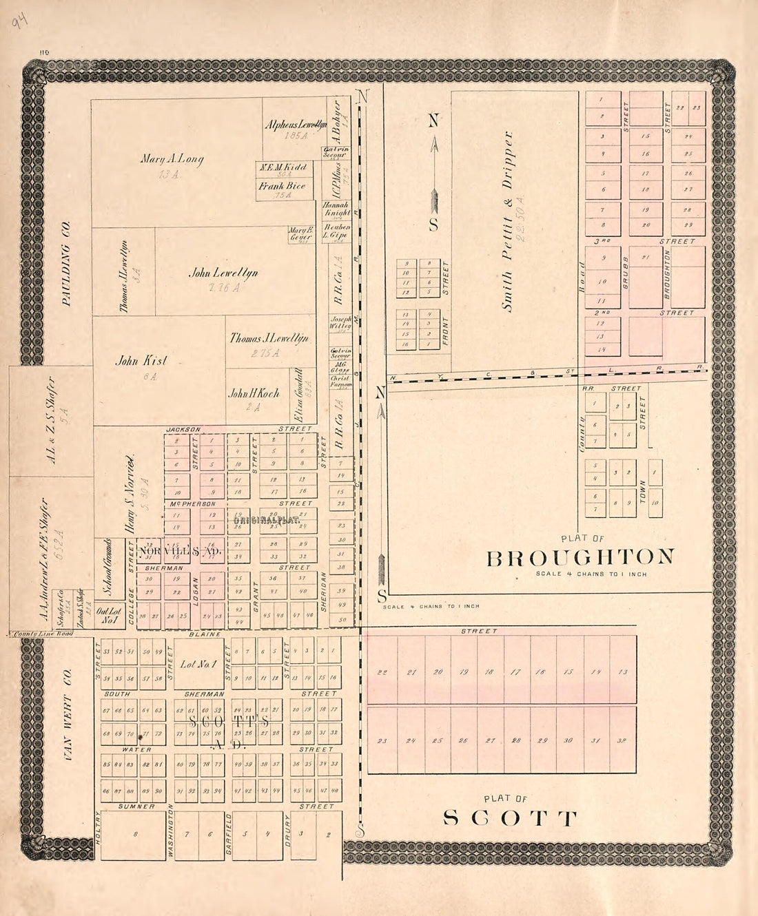 This old map of Broughton; Scott from Historical Atlas of Paulding County, Ohio, Illustrated from 1892 was created by O. (Oliver) Morrow in 1892