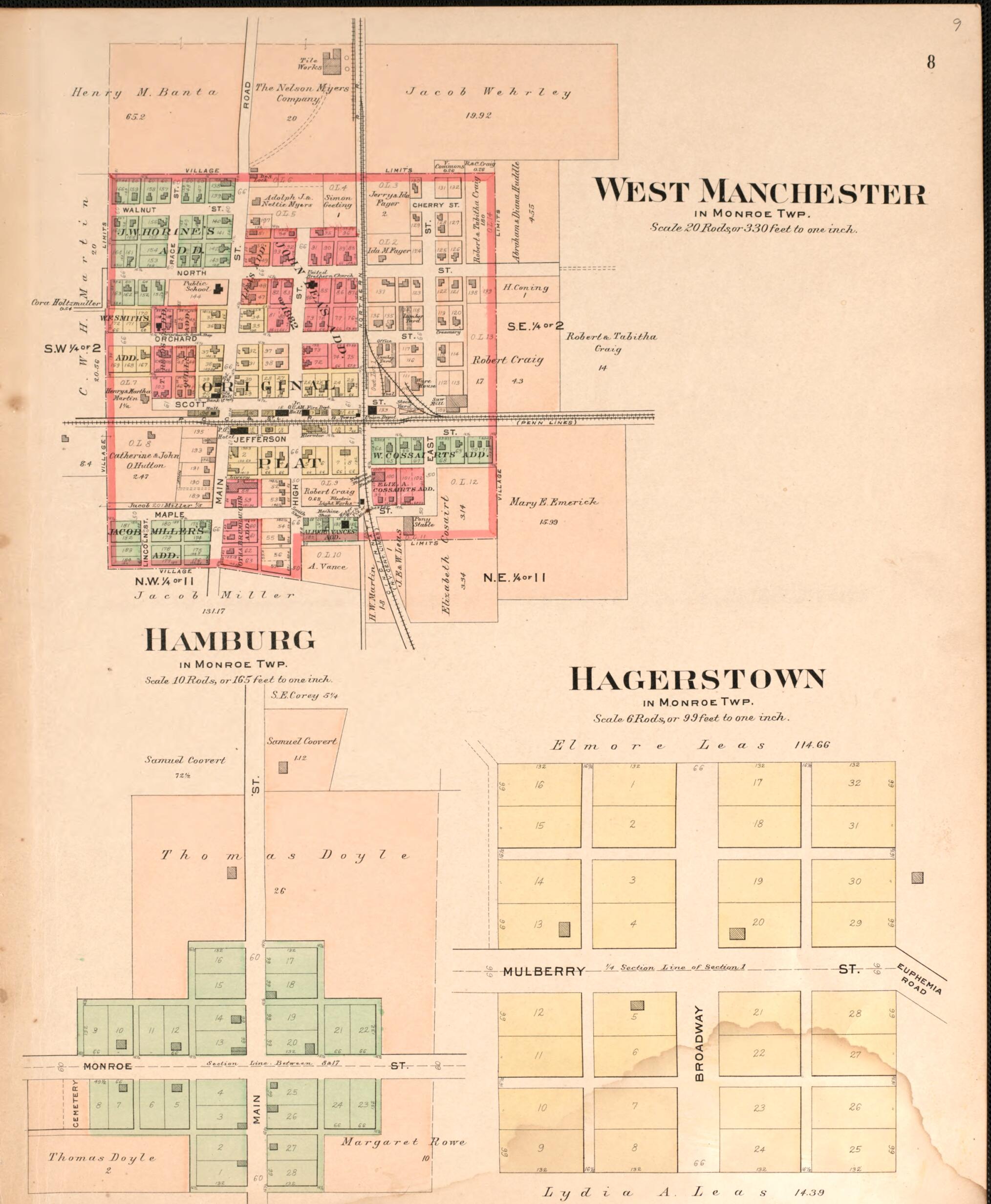 This old map of West Manchester, Hagerstown, Hamburg from Plat Book of Preble County, Ohio from 1912 was created by Albert Volk in 1912