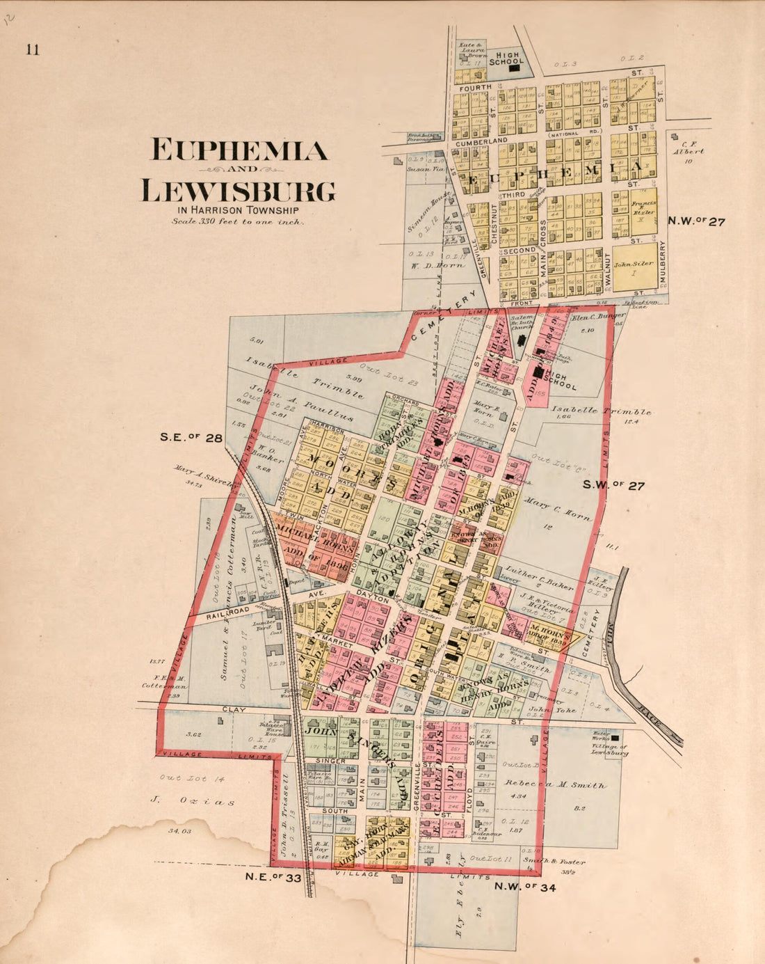 This old map of Euphemia, Lewisburg from Plat Book of Preble County, Ohio from 1912 was created by Albert Volk in 1912