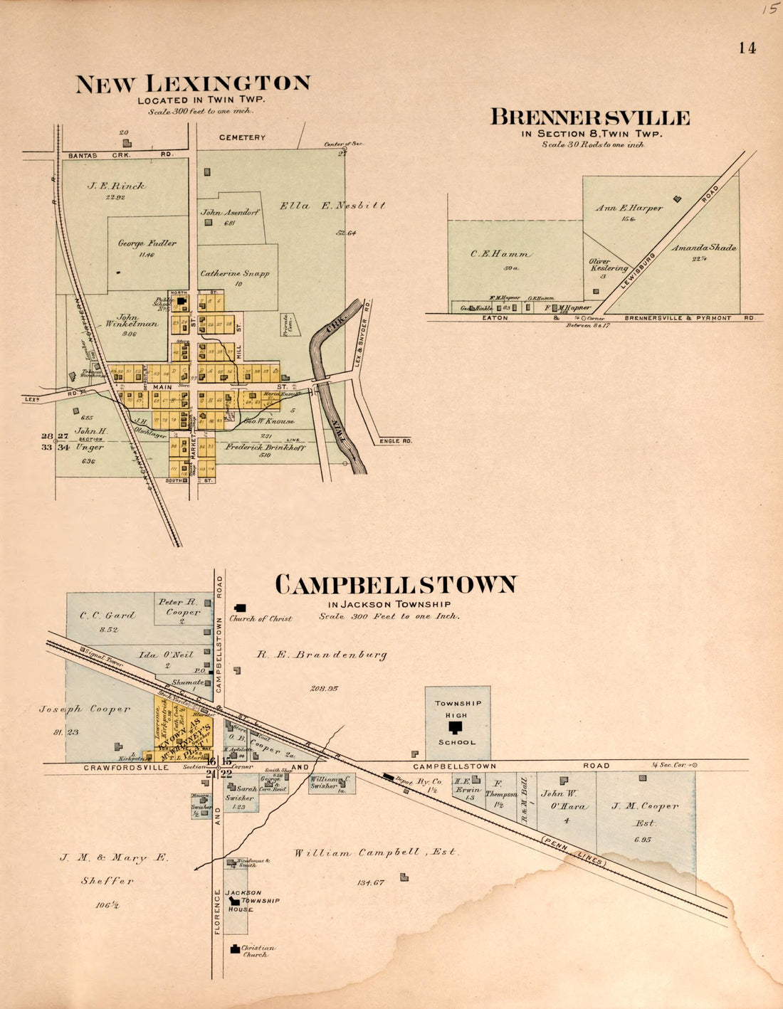 This old map of New Lexington, Brennersville, Campbellstown from Plat Book of Preble County, Ohio from 1912 was created by Albert Volk in 1912