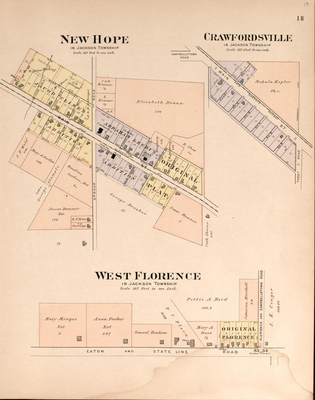 This old map of New Hope, Crawfordsville, West Florence from Plat Book of Preble County, Ohio from 1912 was created by Albert Volk in 1912