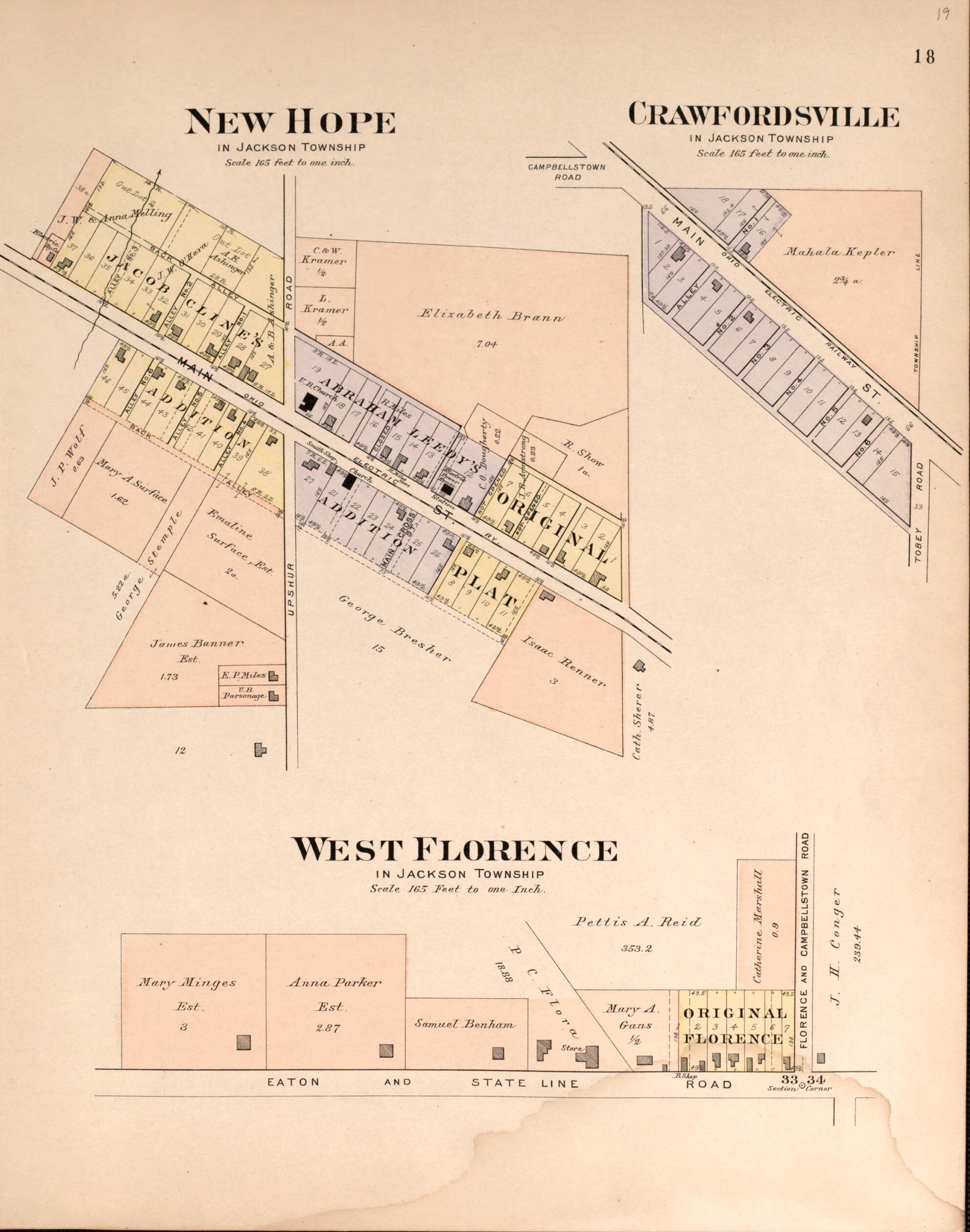 This old map of New Hope, Crawfordsville, West Florence from Plat Book of Preble County, Ohio from 1912 was created by Albert Volk in 1912