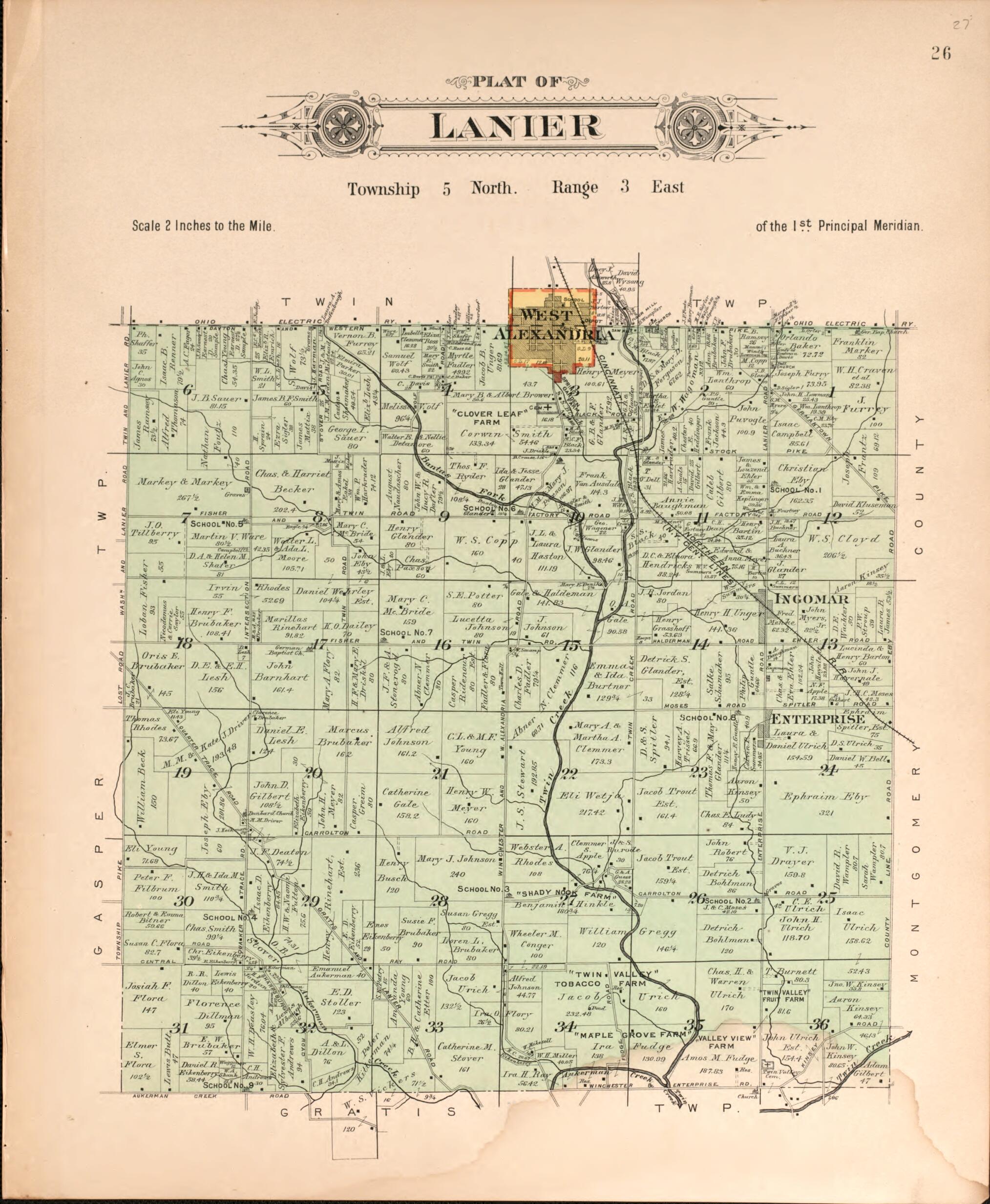 This old map of Lanier from Plat Book of Preble County, Ohio from 1912 was created by Albert Volk in 1912