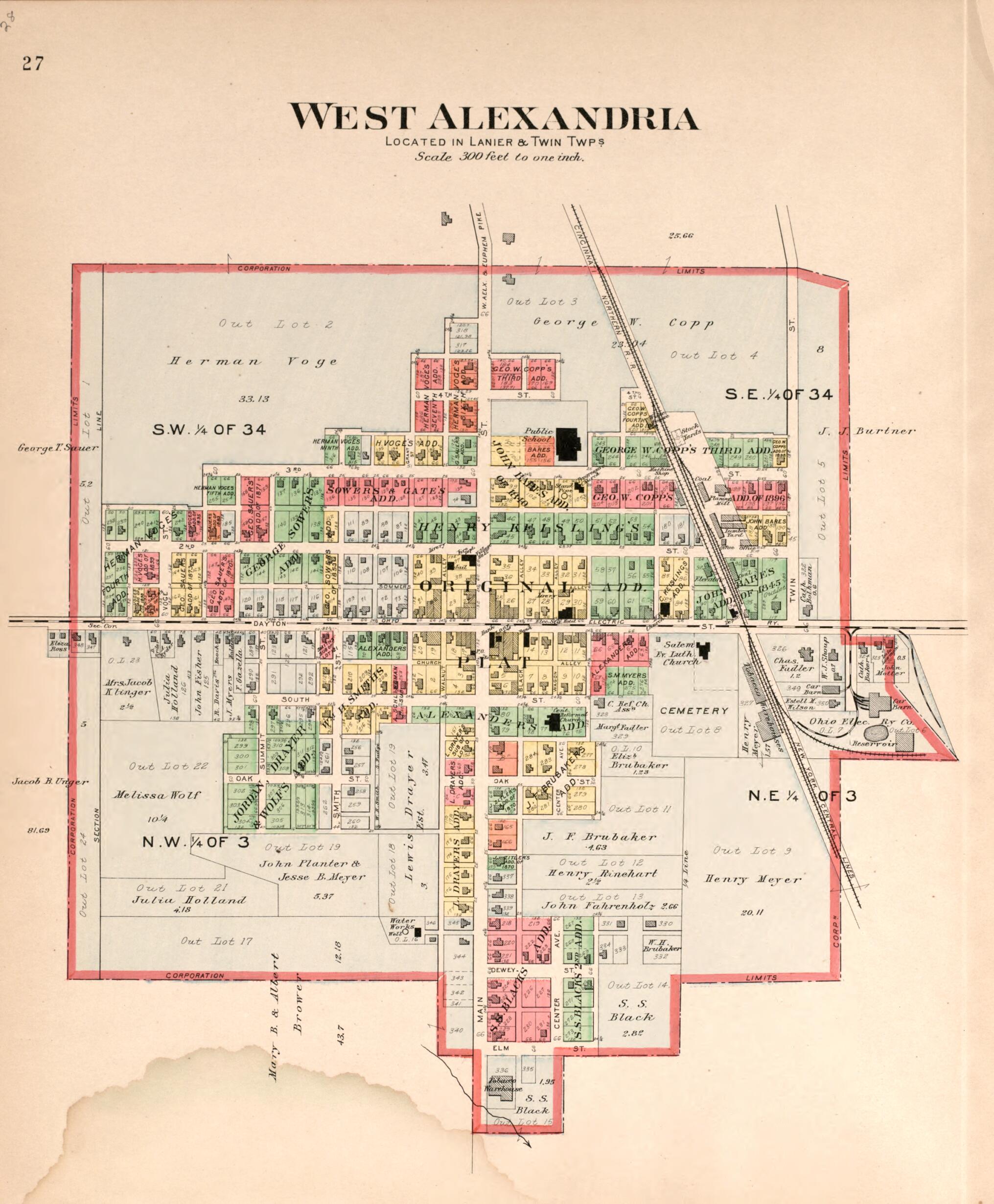 This old map of West Alexandria from Plat Book of Preble County, Ohio from 1912 was created by Albert Volk in 1912