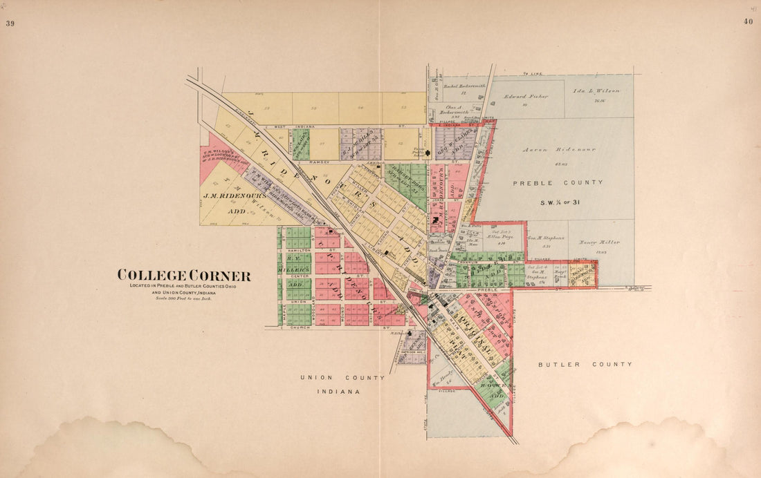 This old map of College Corner from Plat Book of Preble County, Ohio from 1912 was created by Albert Volk in 1912
