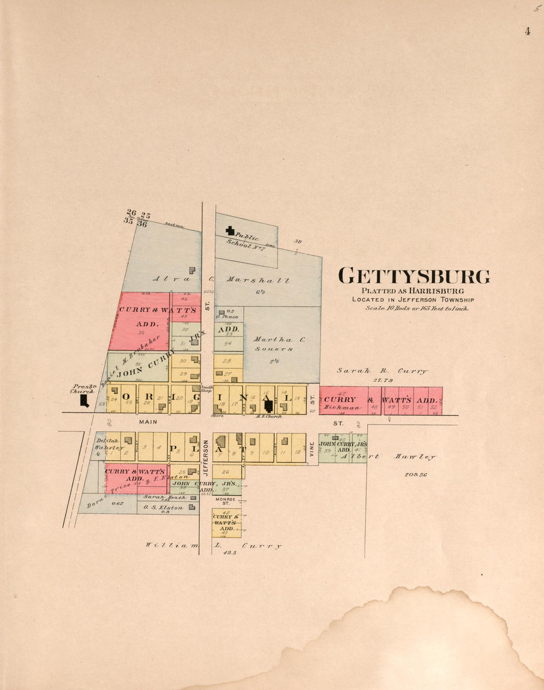 This old map of Gettysburg from Plat Book of Preble County, Ohio from 1912 was created by Albert Volk in 1912