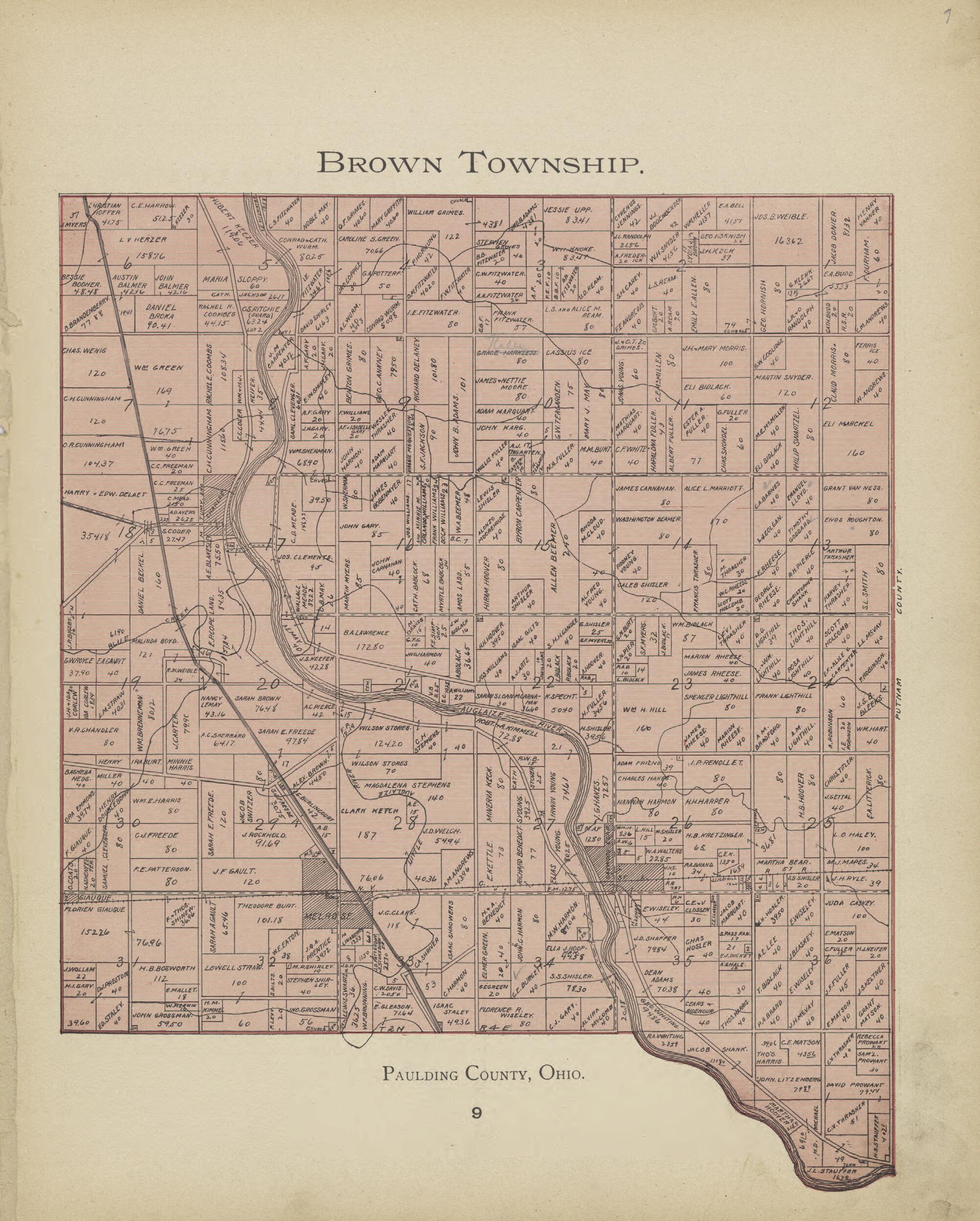 This old map of Brown Township from Paulding County Atlas and Directory from 1905 was created by O. (Oliver) Morrow in 1905