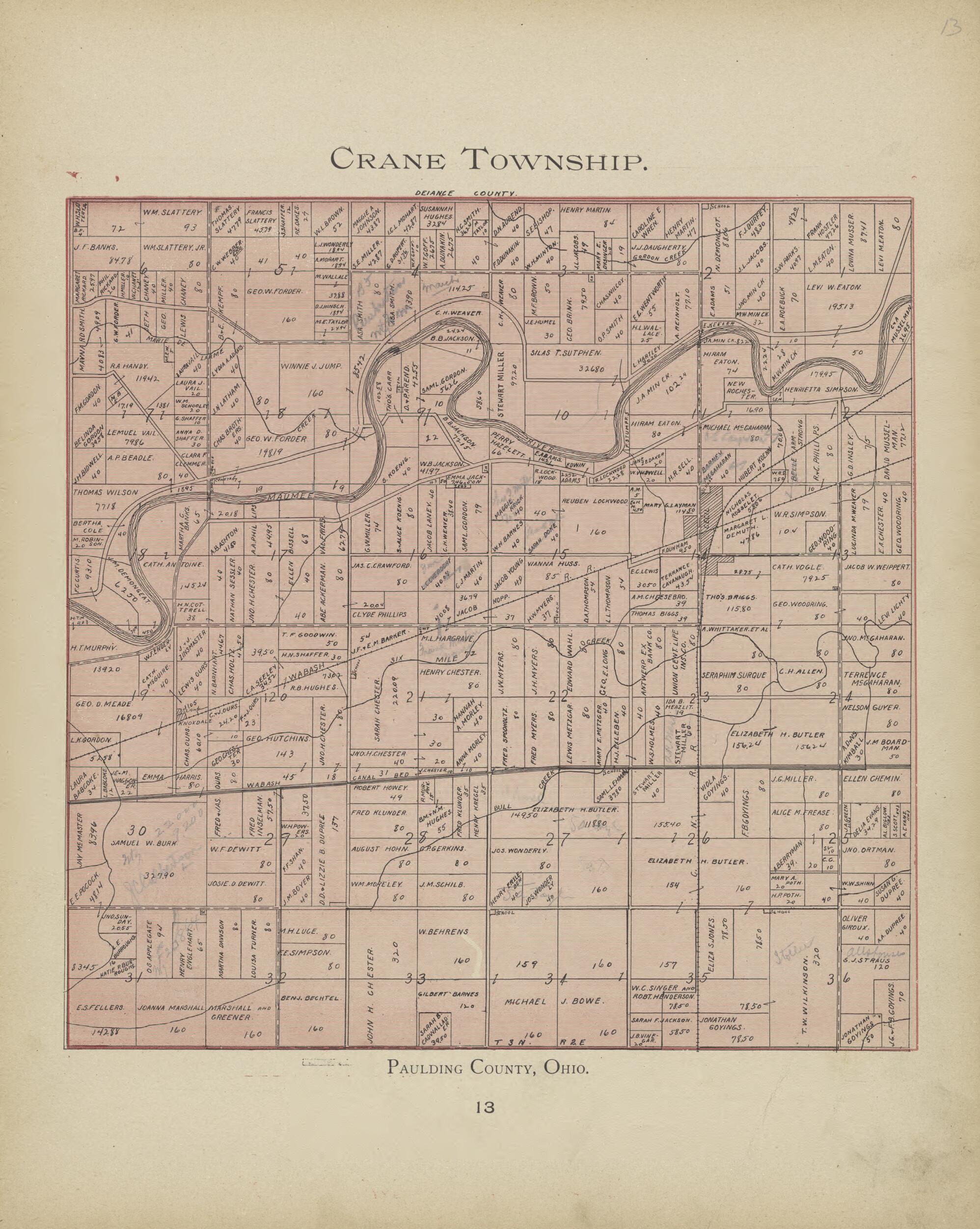 This old map of Crane Township from Paulding County Atlas and Directory from 1905 was created by O. (Oliver) Morrow in 1905