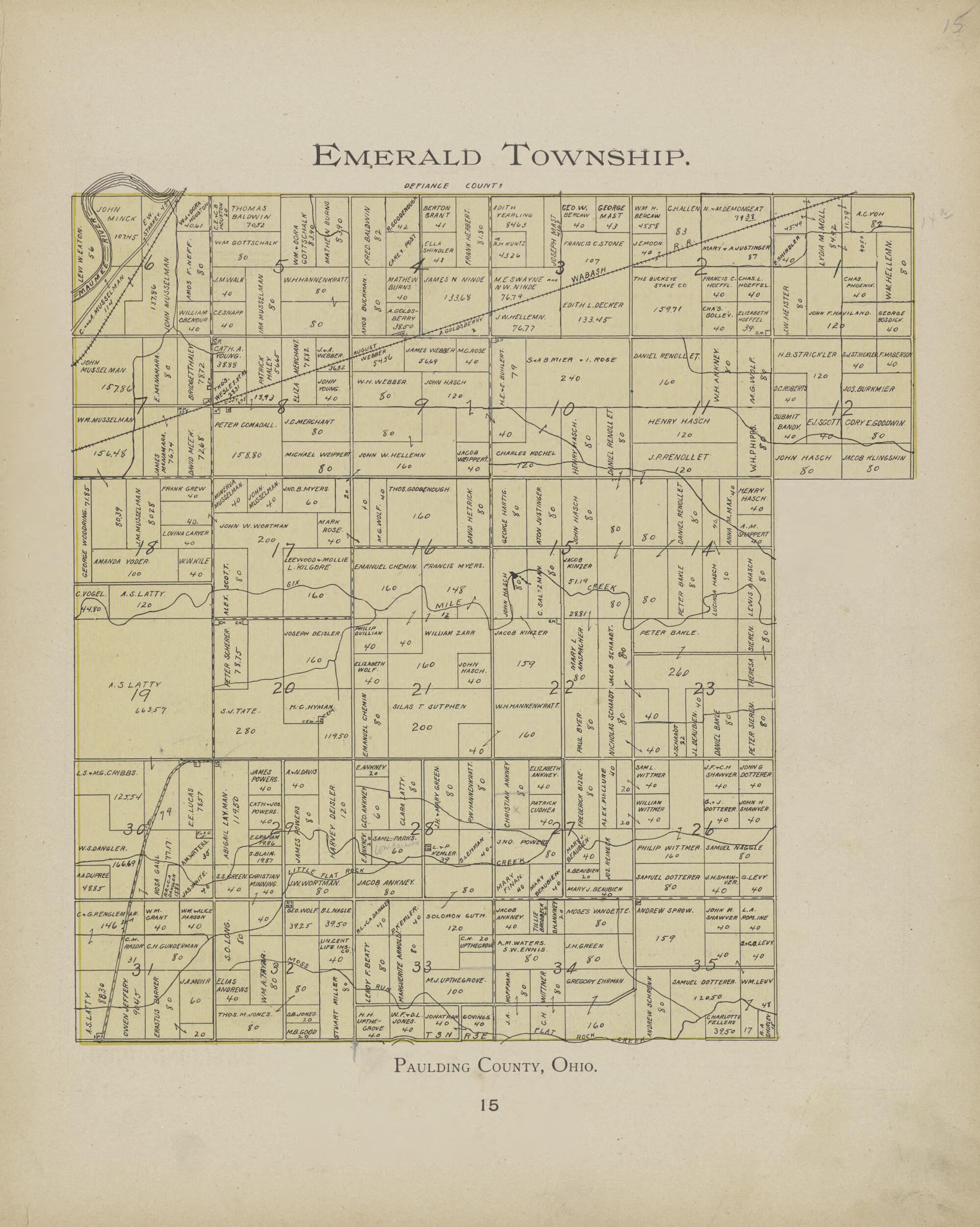 This old map of Emerald Township from Paulding County Atlas and Directory from 1905 was created by O. (Oliver) Morrow in 1905