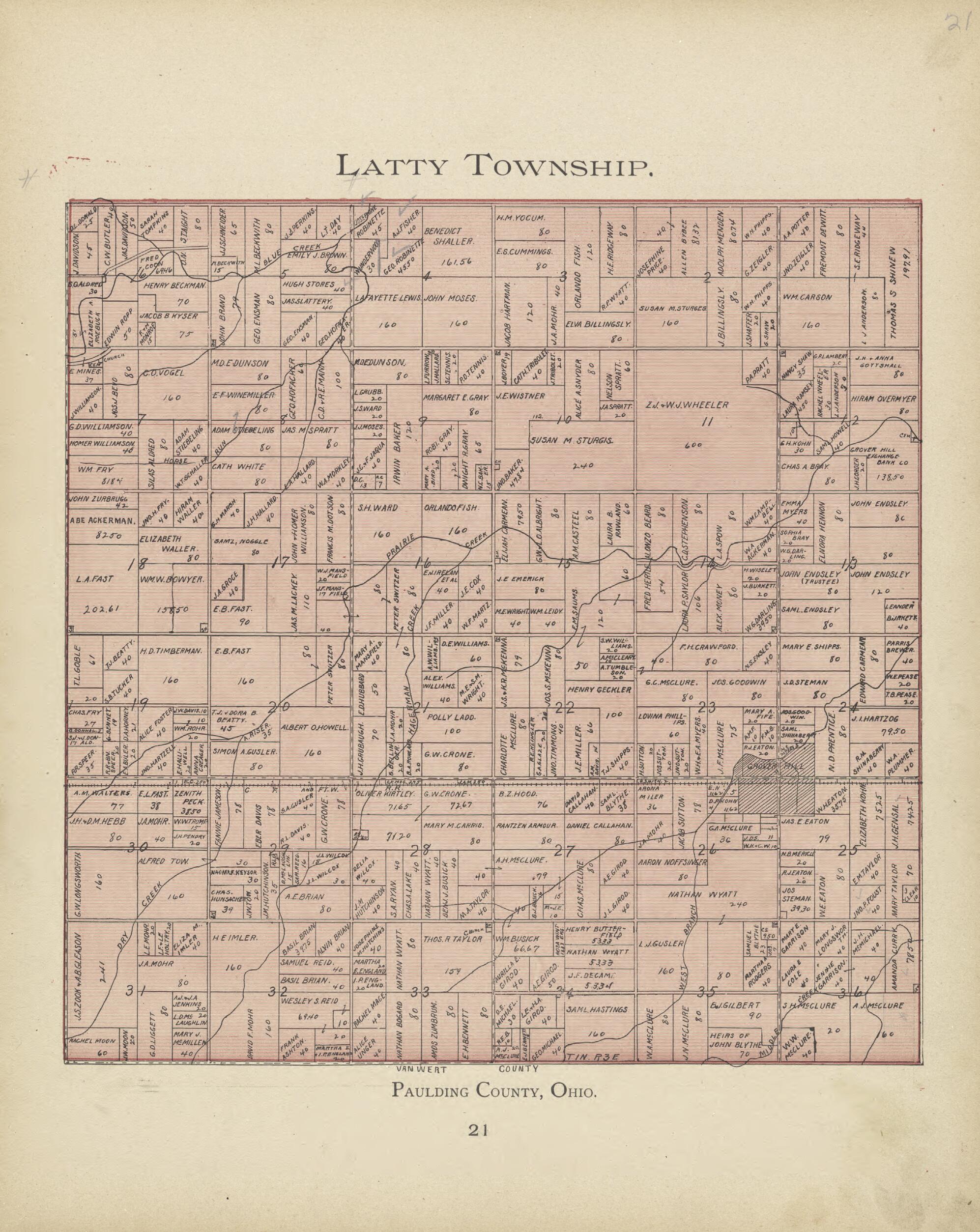 This old map of Latty Township from Paulding County Atlas and Directory from 1905 was created by O. (Oliver) Morrow in 1905