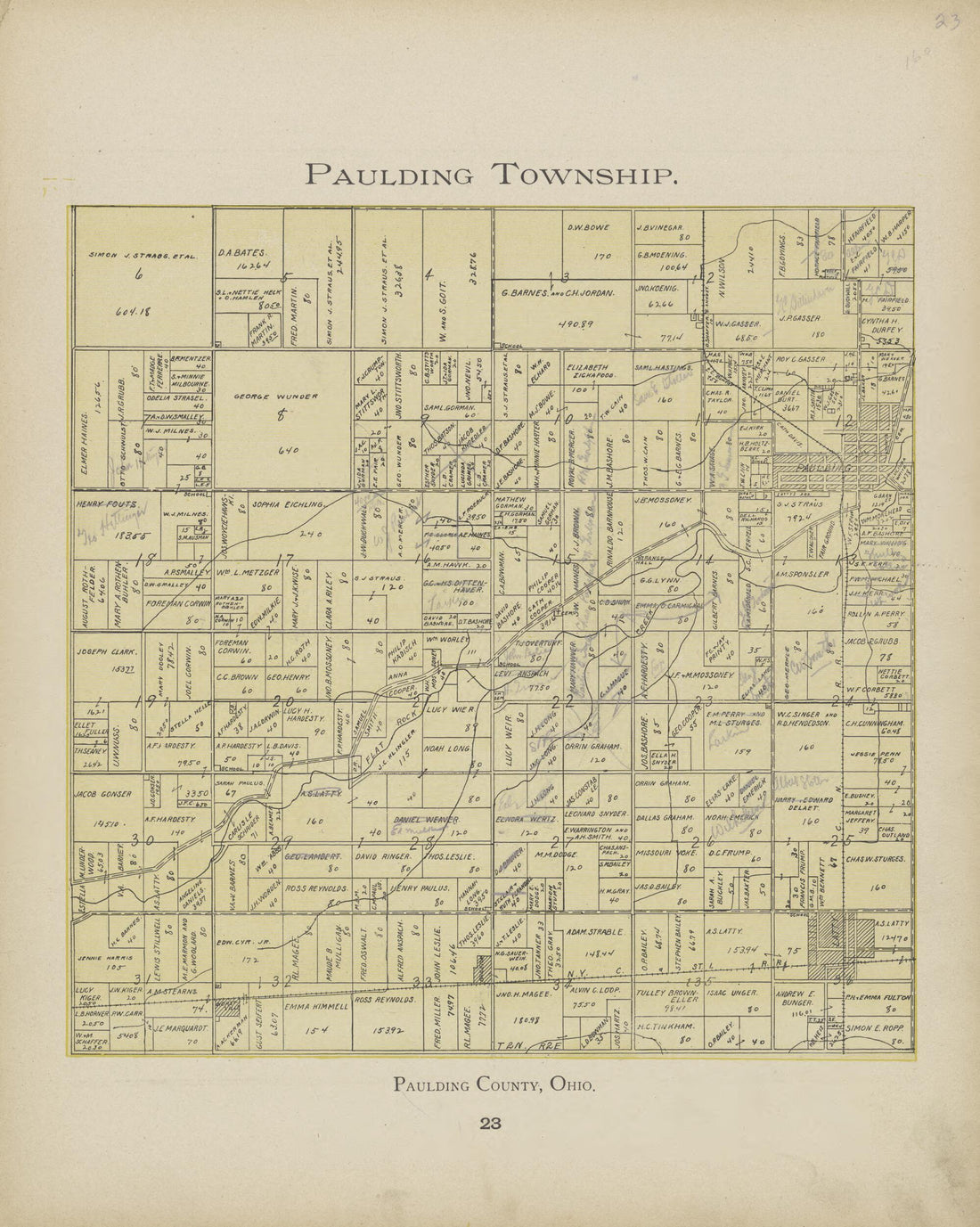 This old map of Paulding Township from Paulding County Atlas and Directory from 1905 was created by O. (Oliver) Morrow in 1905