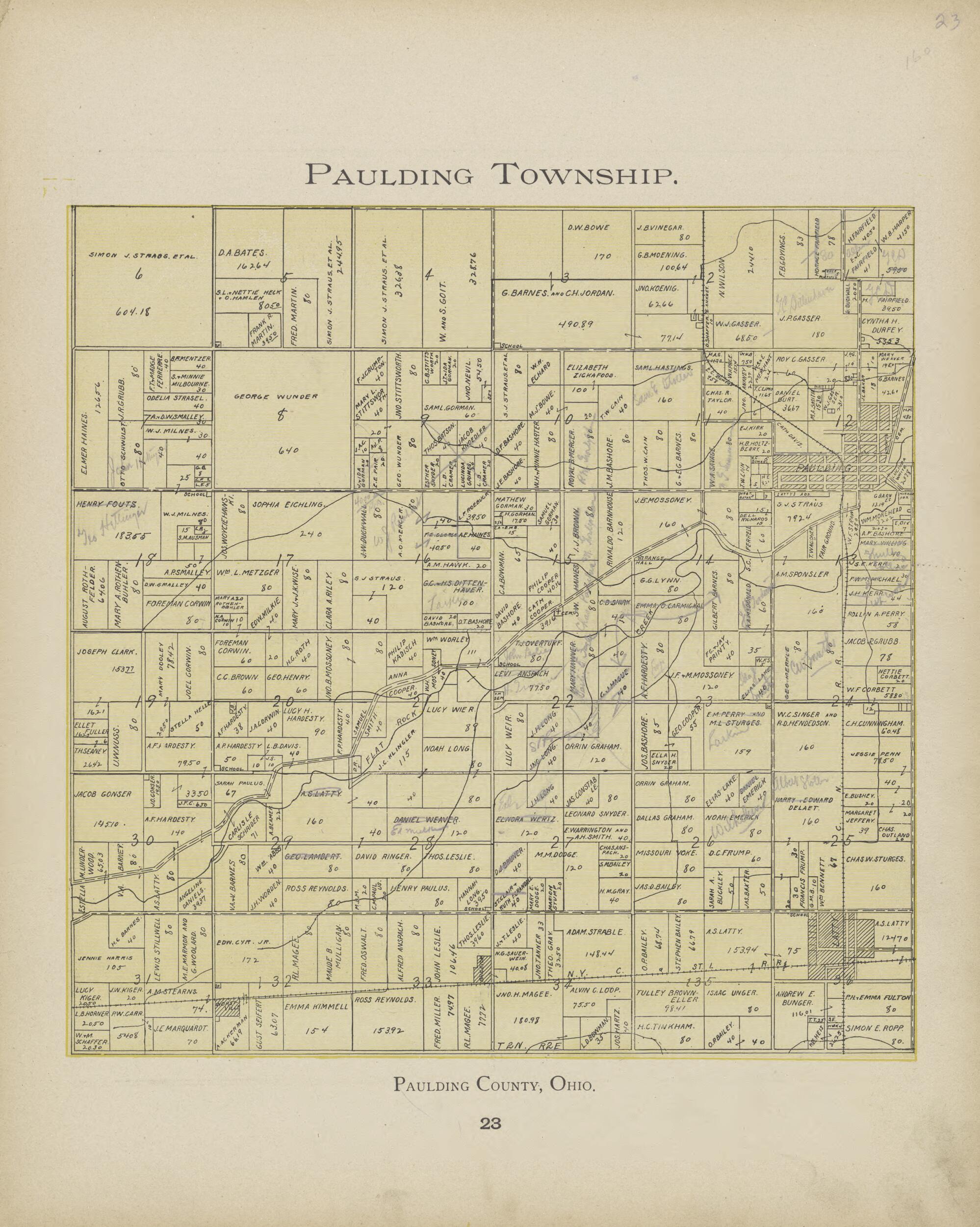 This old map of Paulding Township from Paulding County Atlas and Directory from 1905 was created by O. (Oliver) Morrow in 1905