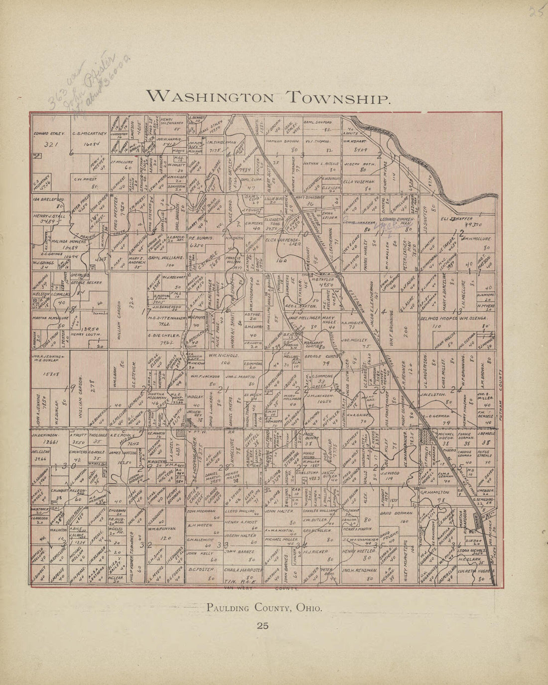 This old map of Washington Township from Paulding County Atlas and Directory from 1905 was created by O. (Oliver) Morrow in 1905