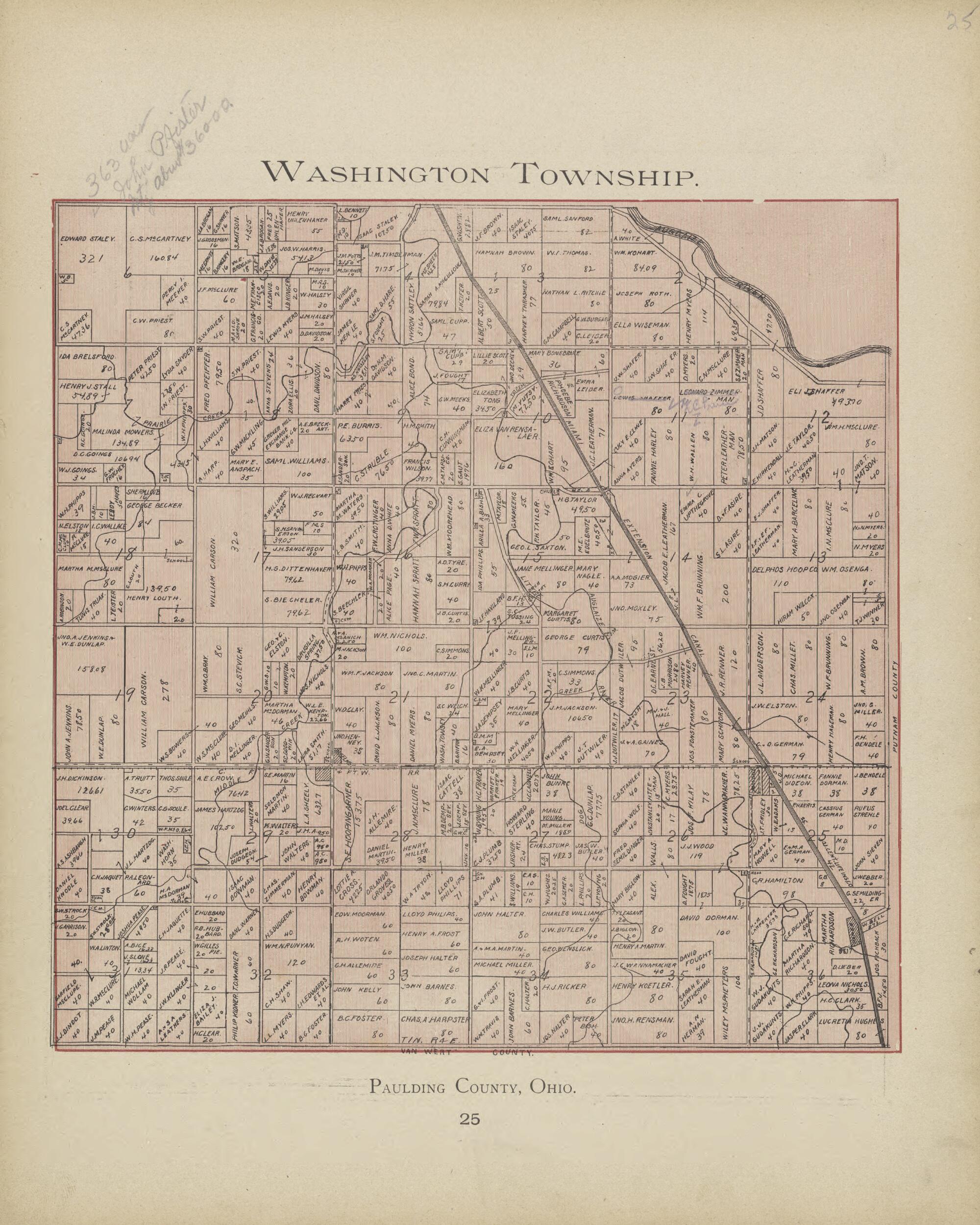 This old map of Washington Township from Paulding County Atlas and Directory from 1905 was created by O. (Oliver) Morrow in 1905