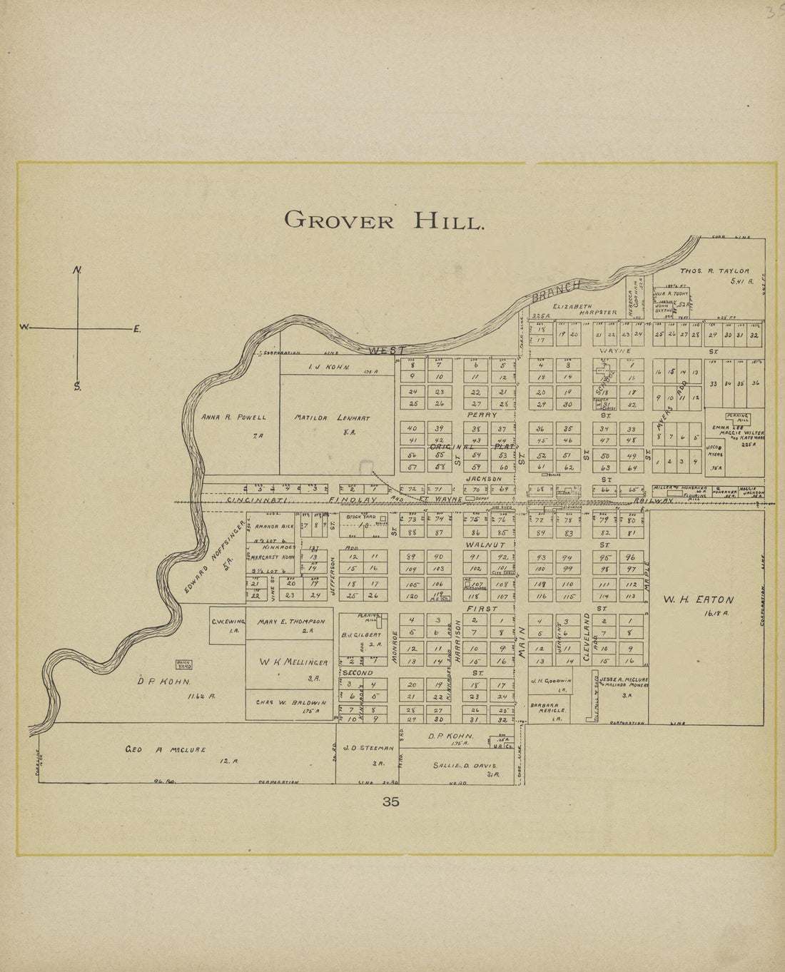 This old map of Grover Hill from Paulding County Atlas and Directory from 1905 was created by O. (Oliver) Morrow in 1905
