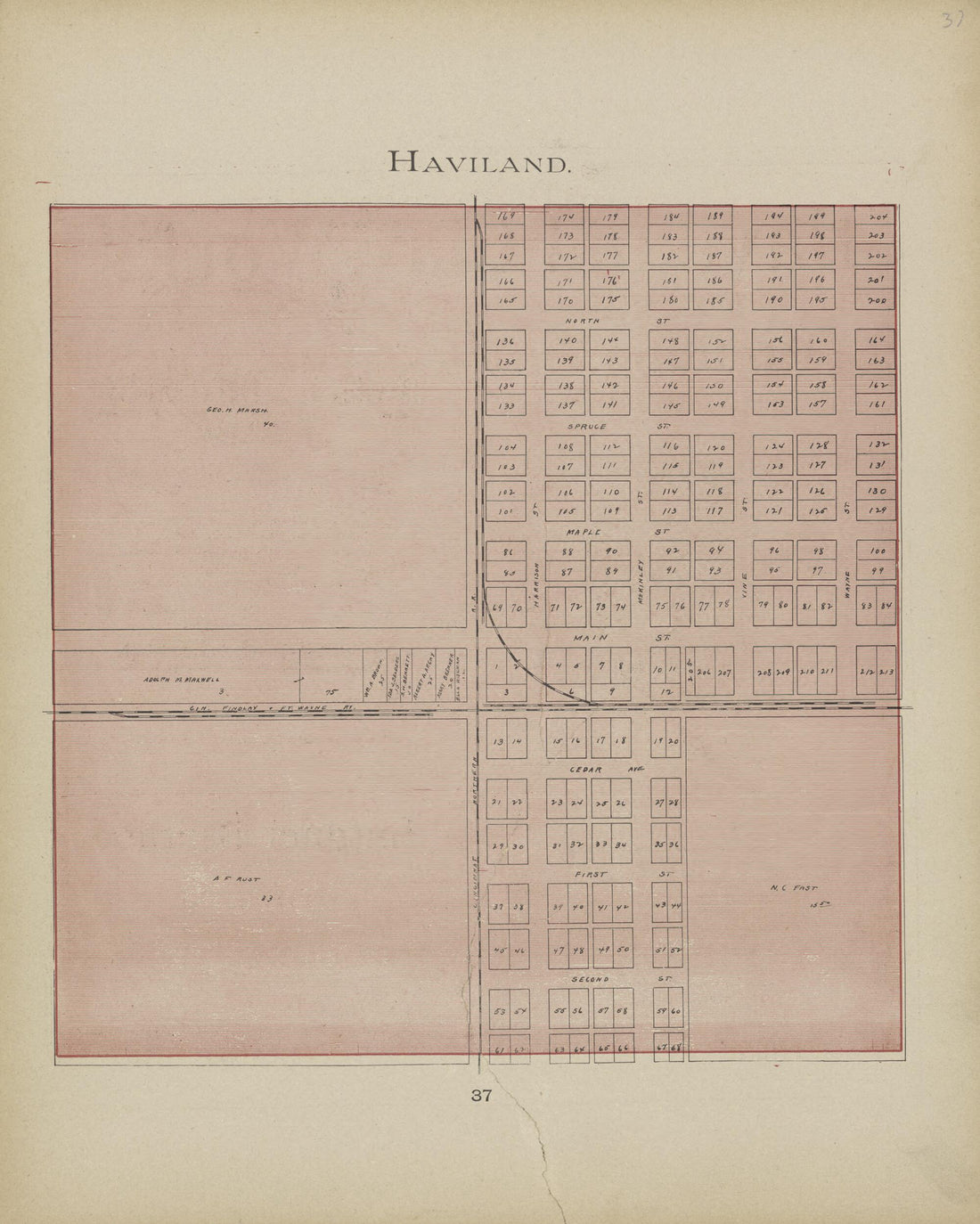 This old map of Haviland from Paulding County Atlas and Directory from 1905 was created by O. (Oliver) Morrow in 1905
