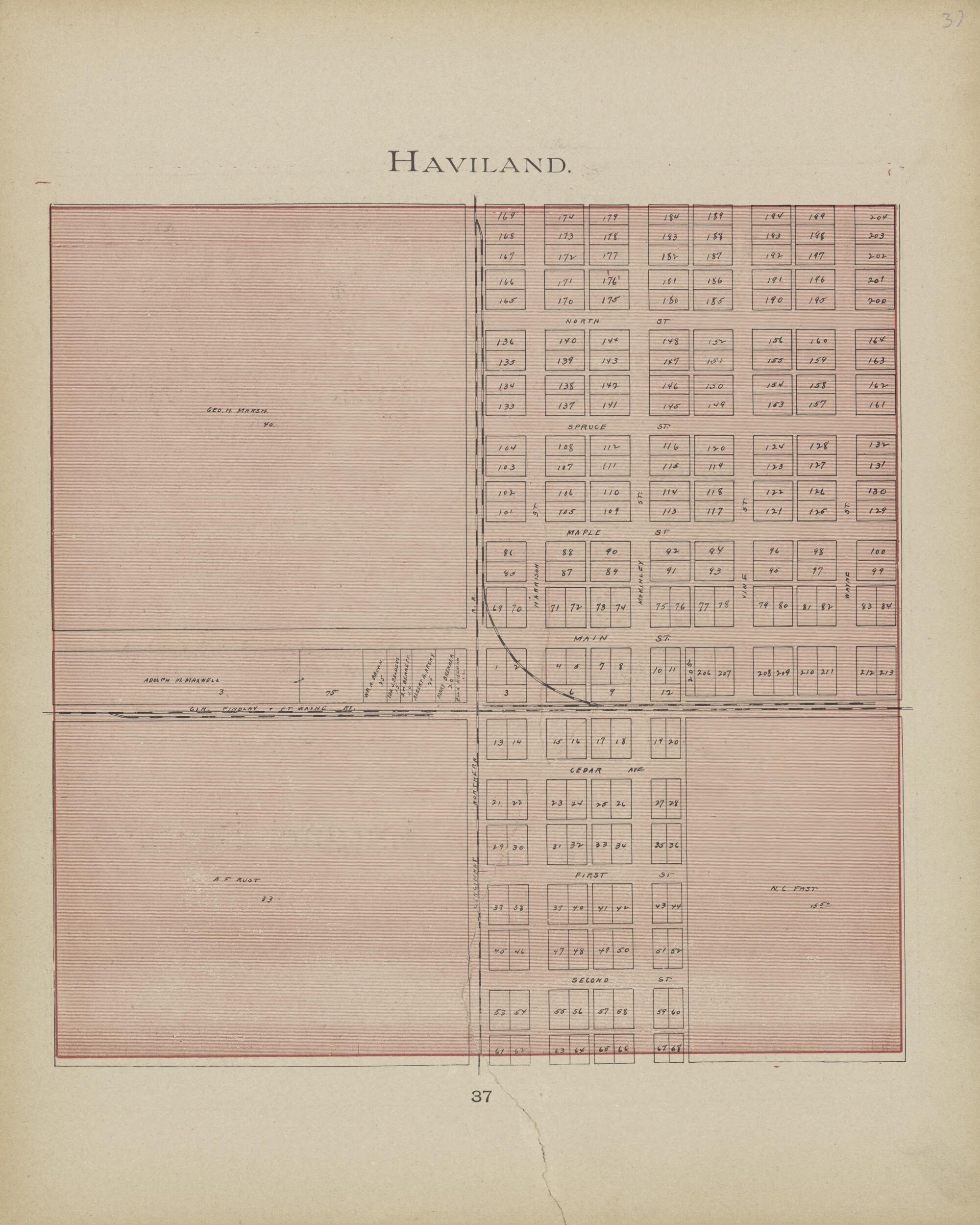 This old map of Haviland from Paulding County Atlas and Directory from 1905 was created by O. (Oliver) Morrow in 1905