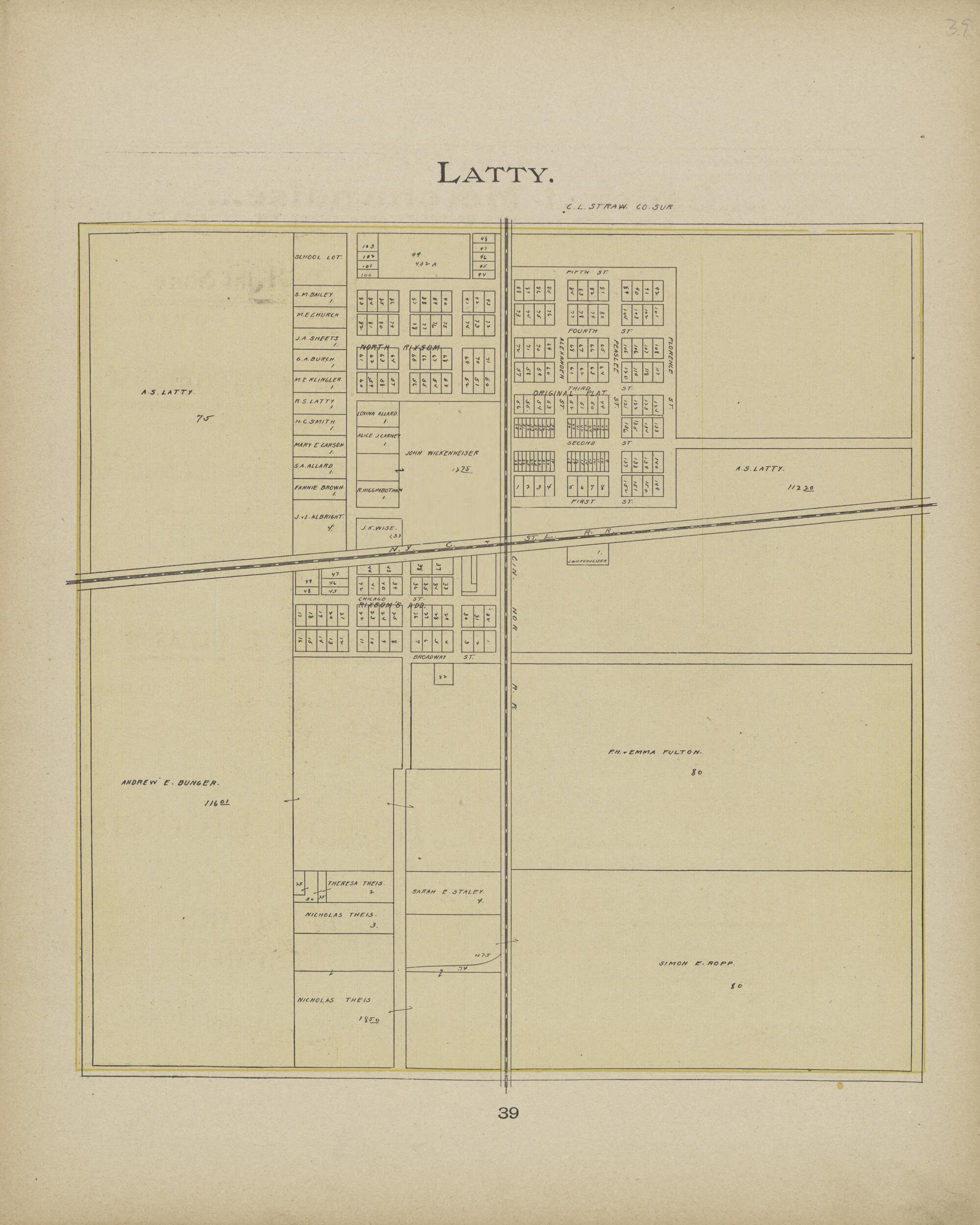 This old map of Latty from Paulding County Atlas and Directory from 1905 was created by O. (Oliver) Morrow in 1905