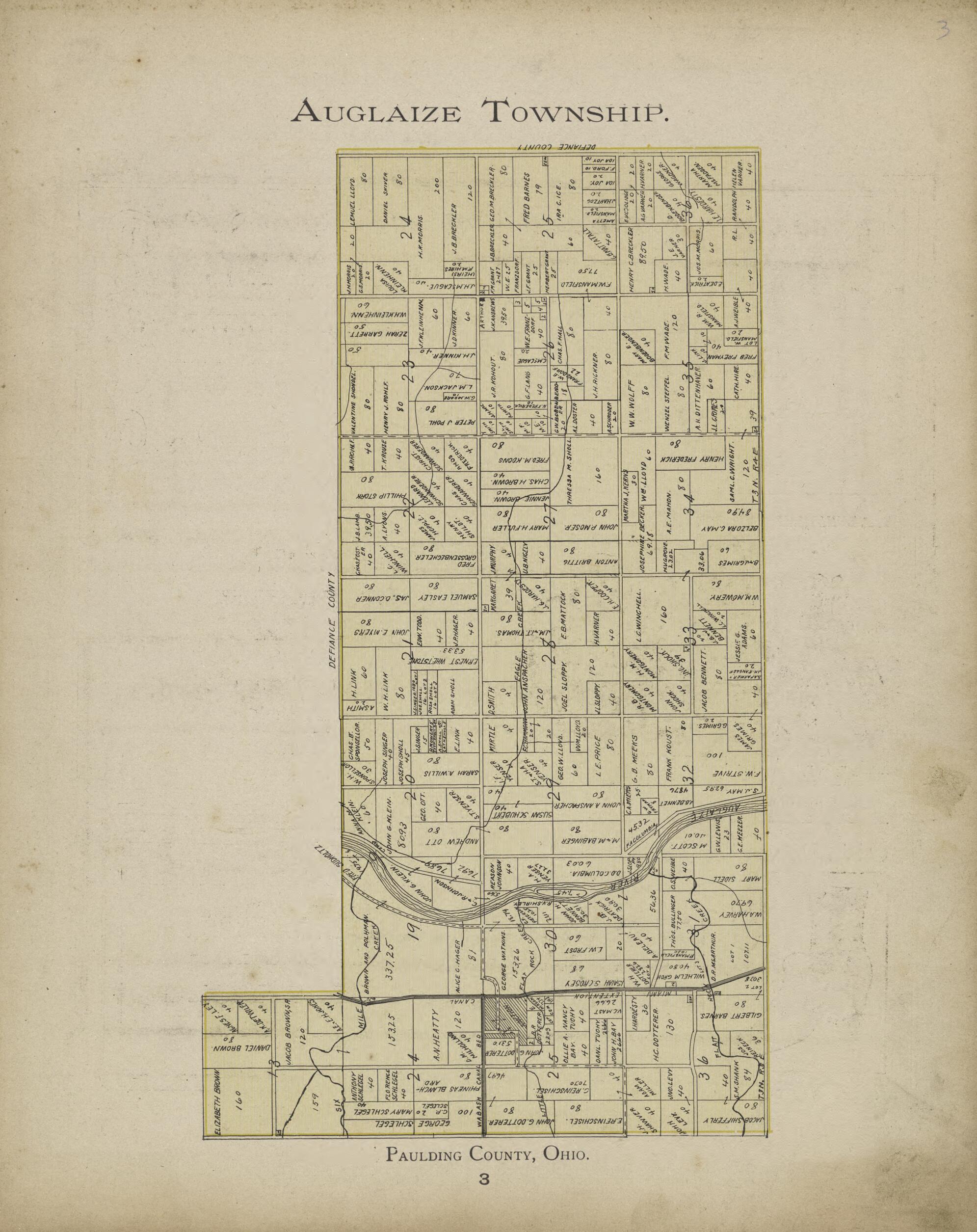 This old map of Auglaize Township from Paulding County Atlas and Directory from 1905 was created by O. (Oliver) Morrow in 1905