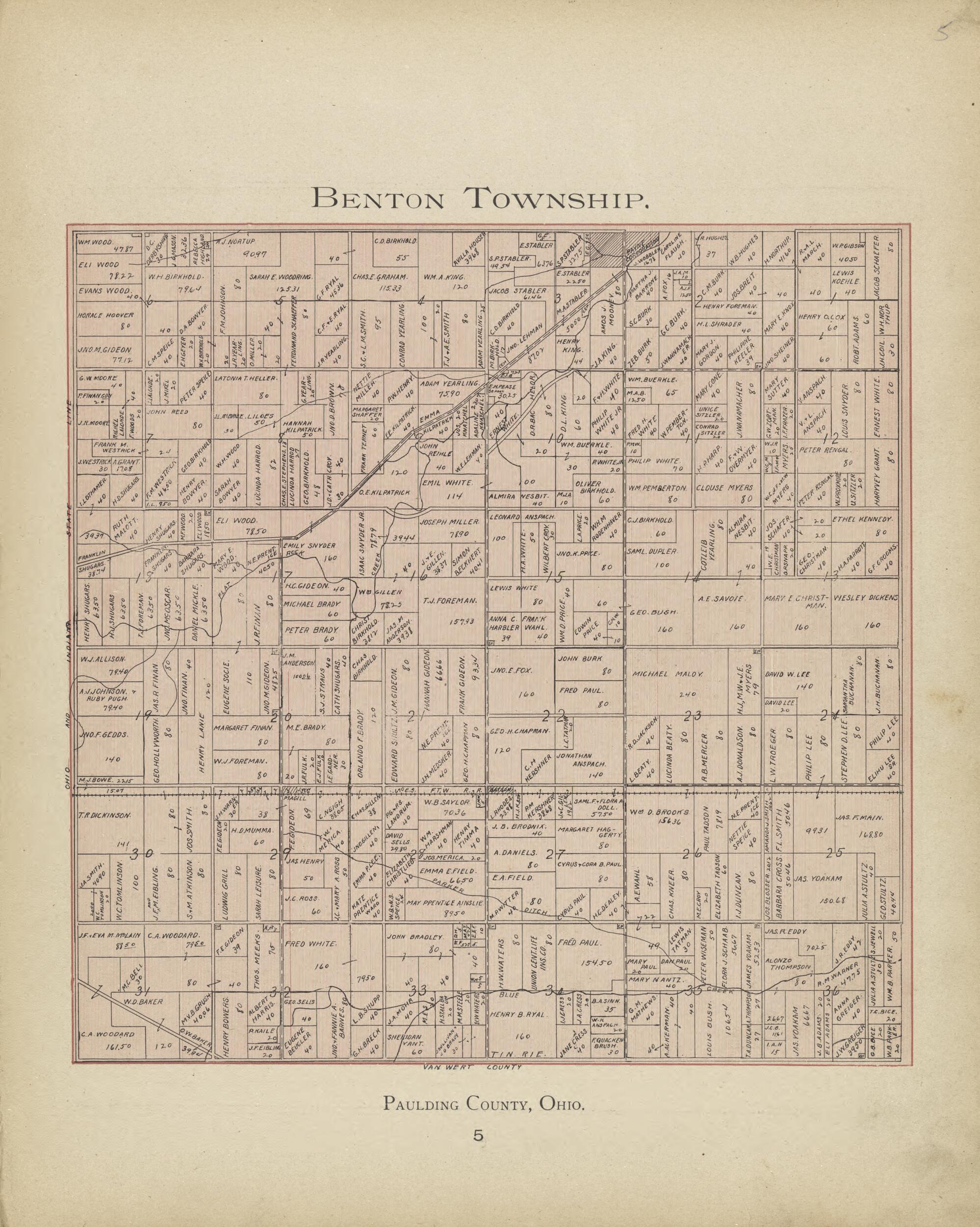 This old map of Benton Township from Paulding County Atlas and Directory from 1905 was created by O. (Oliver) Morrow in 1905