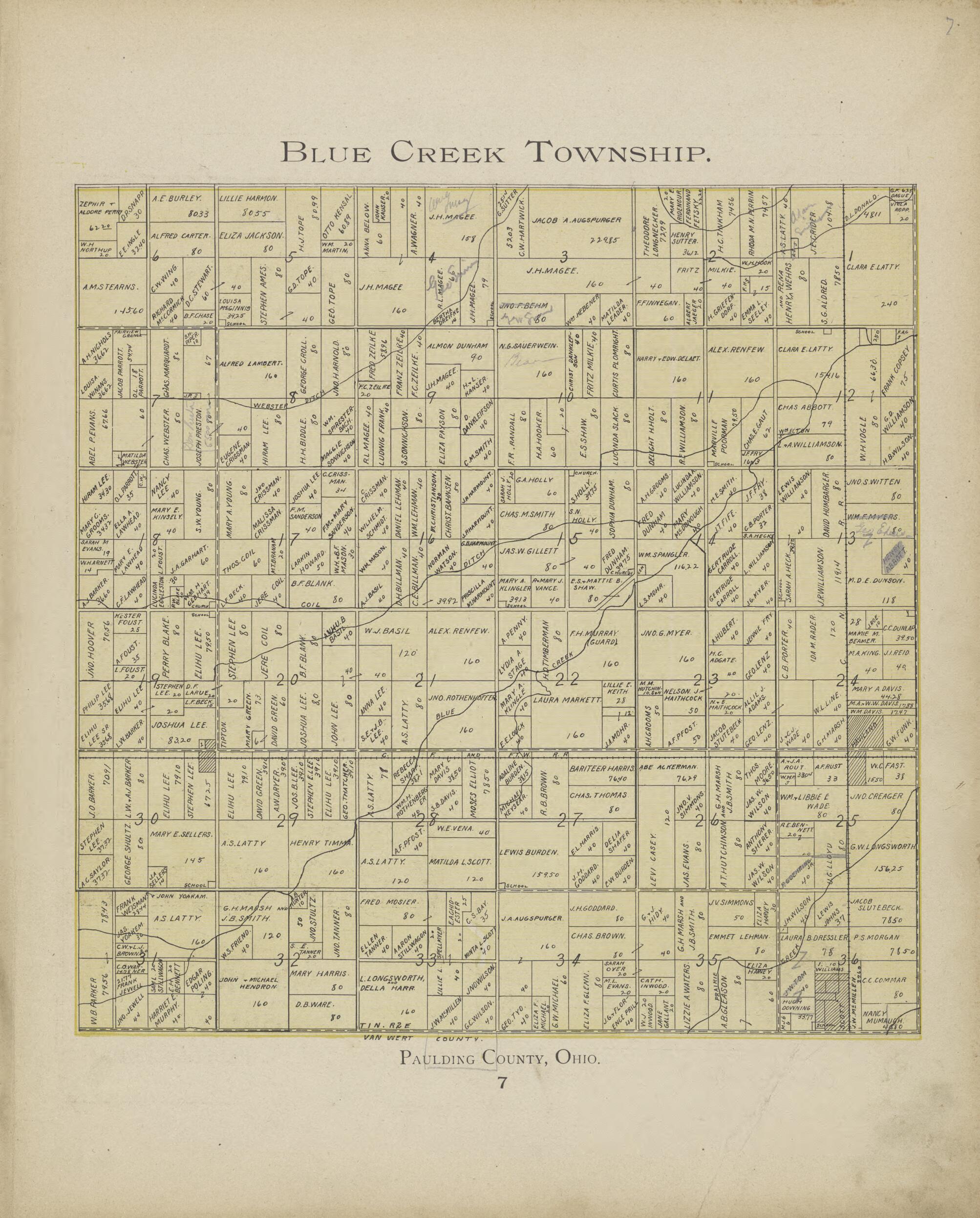 This old map of Blue Creek Township from Paulding County Atlas and Directory from 1905 was created by O. (Oliver) Morrow in 1905