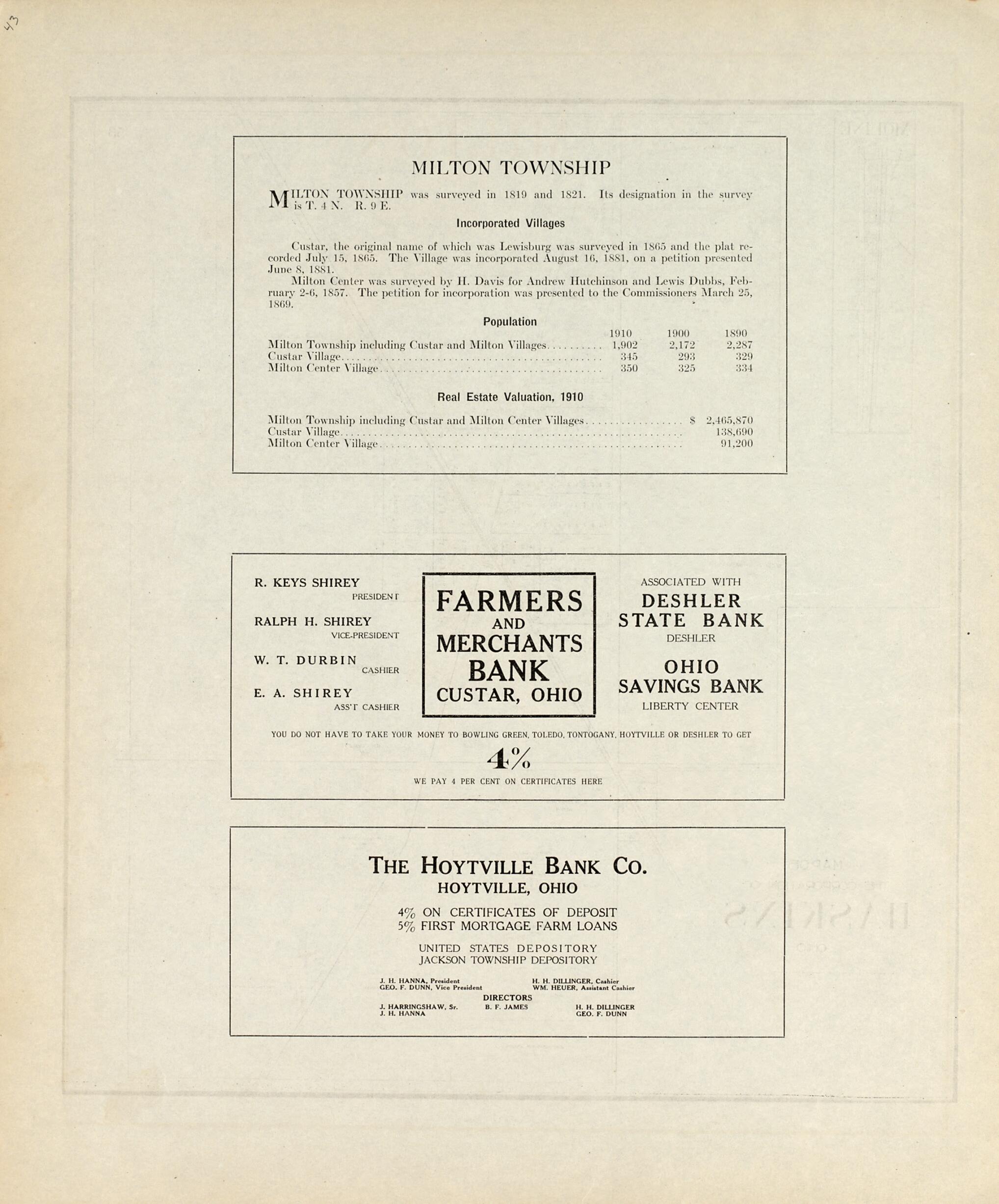This old map of Milton Township from an Atlas of Wood County, Ohio from 1912 was created by Maumee Valley Map Co in 1912