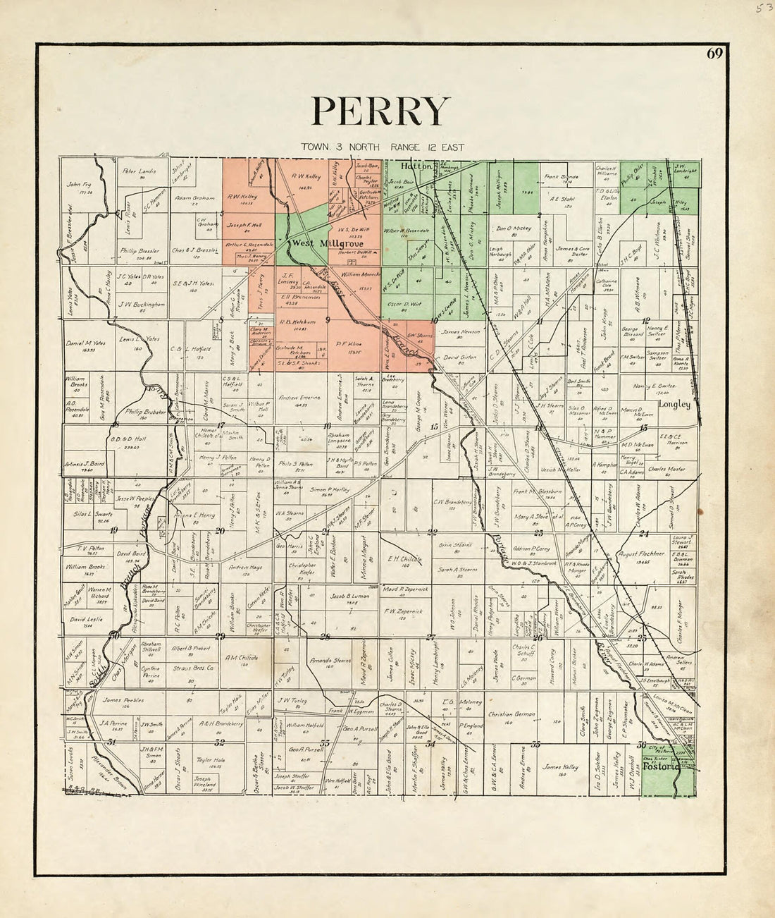 This old map of Perry from an Atlas of Wood County, Ohio from 1912 was created by Maumee Valley Map Co in 1912