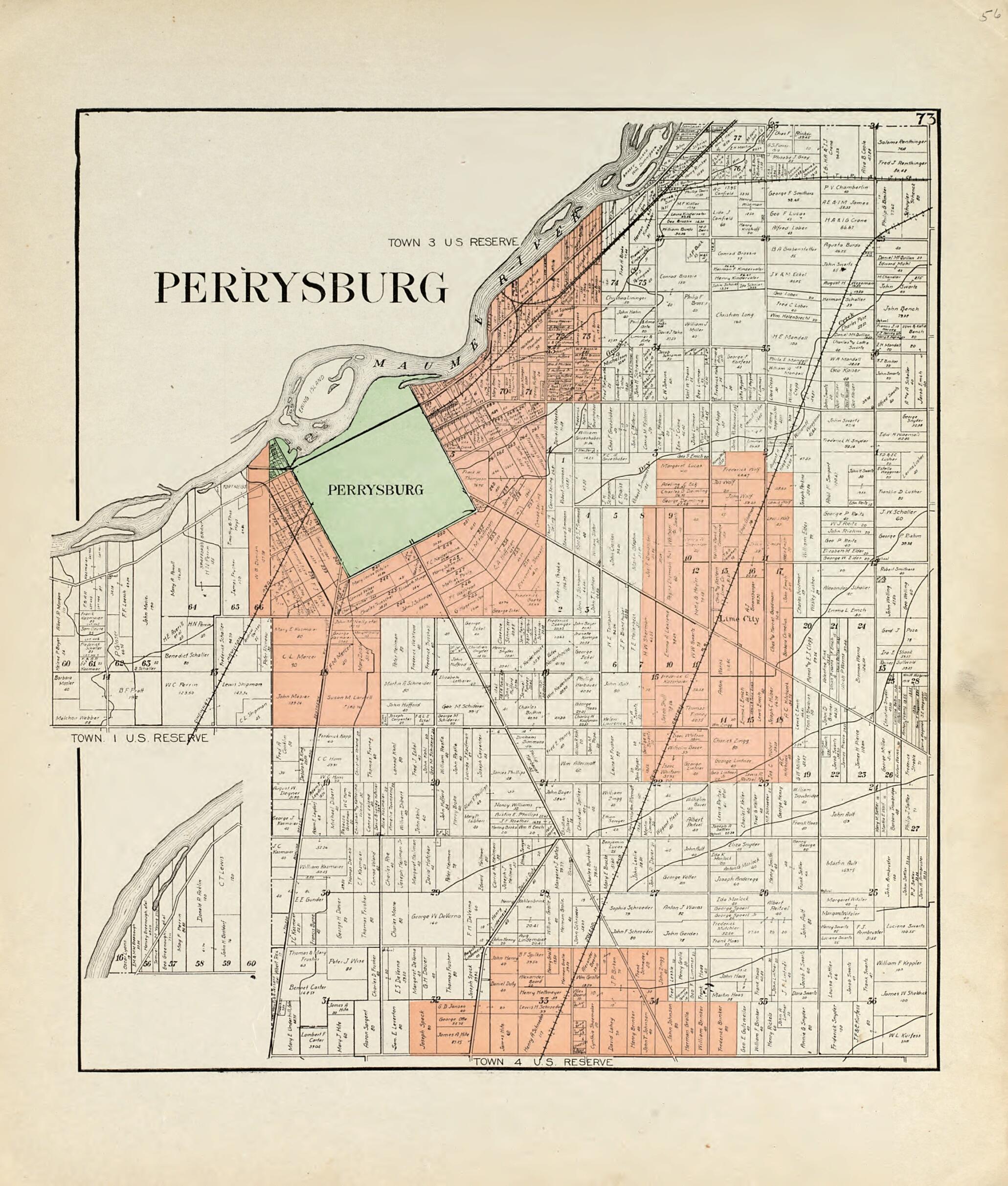 This old map of Perrysburg from an Atlas of Wood County, Ohio from 1912 was created by Maumee Valley Map Co in 1912