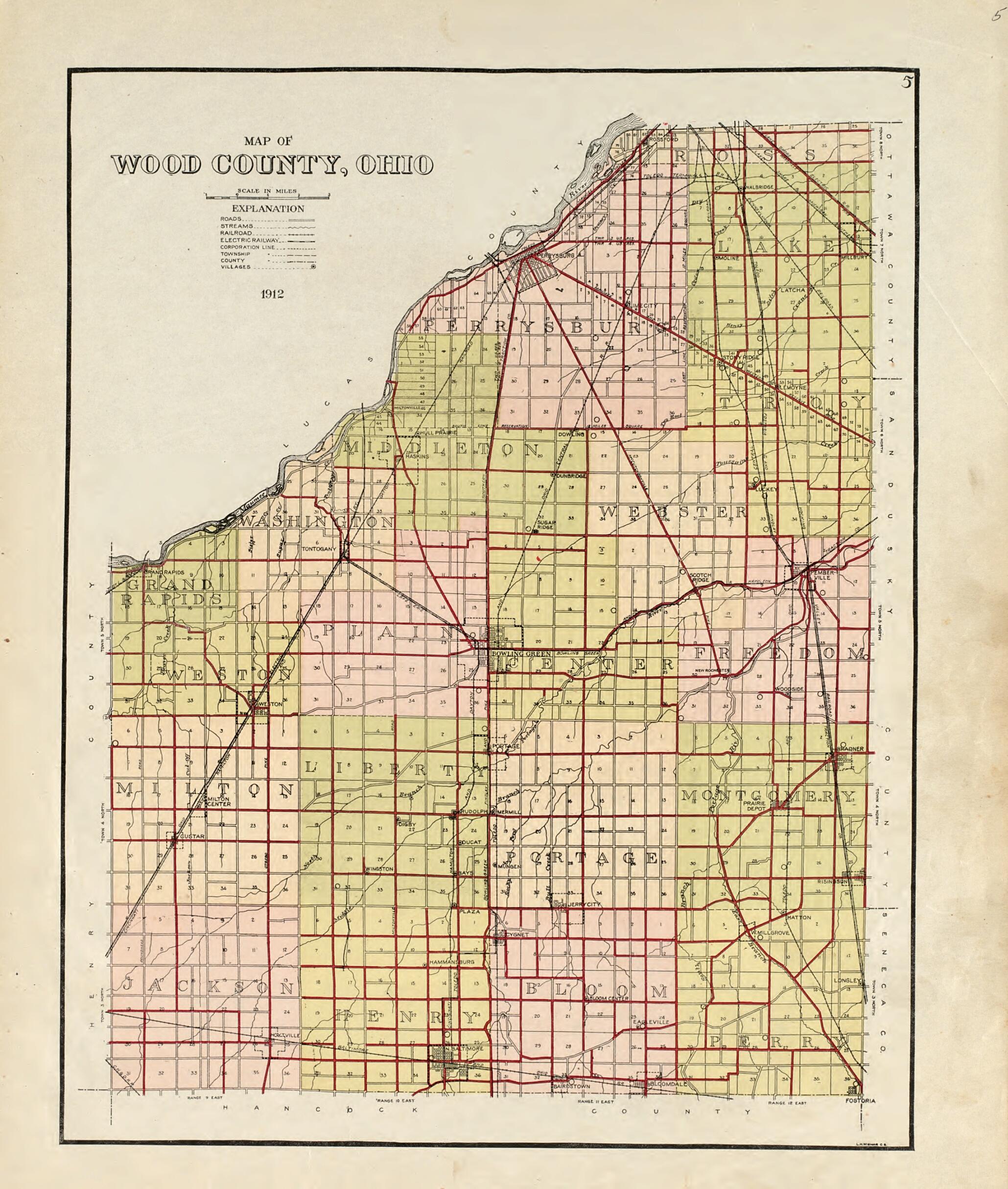 Map of Wood County, Ohio Showing Rural Delivery Service and Voting Precincts from an Atlas of Wood County, Ohio 1912 by Relic Map Company