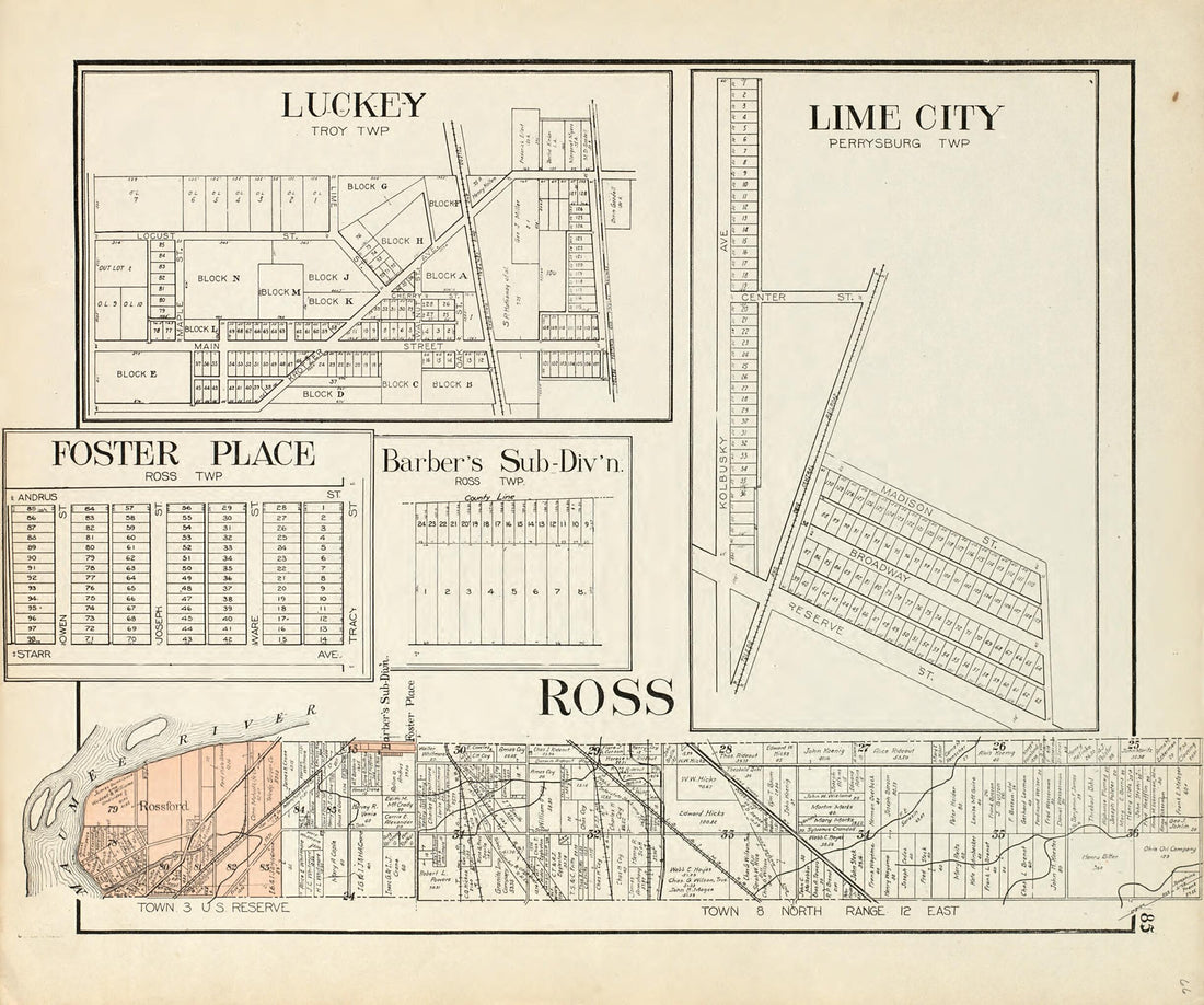 This old map of Lucky; Lime City; Foster Place; Barber&